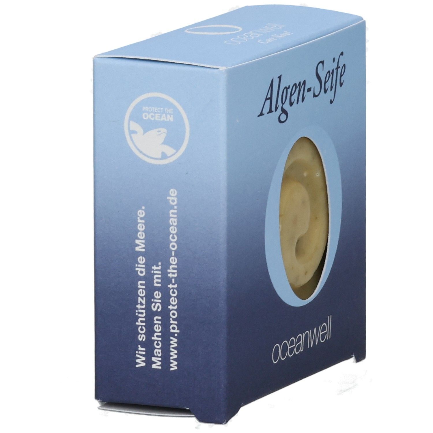 Hellblaue Schachtel mit Algen-Seife. Sichtfenster zeigt Seife. Logo protect-the-ocean. Text.