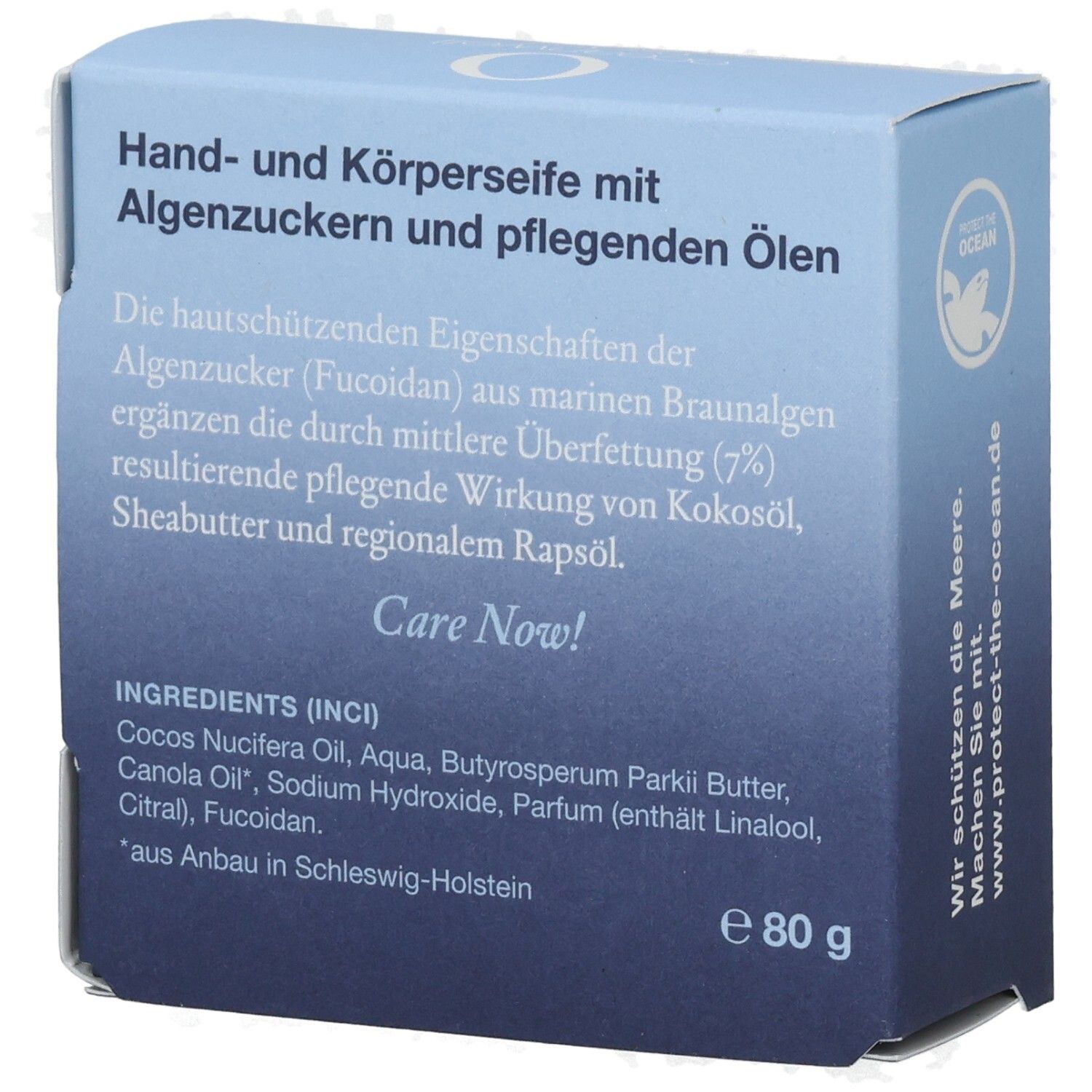 Rückseite der hellblauen Schachtel. Text: Hand- und Körperseife mit Algenzucker. Inhaltsstoffe. 80g.