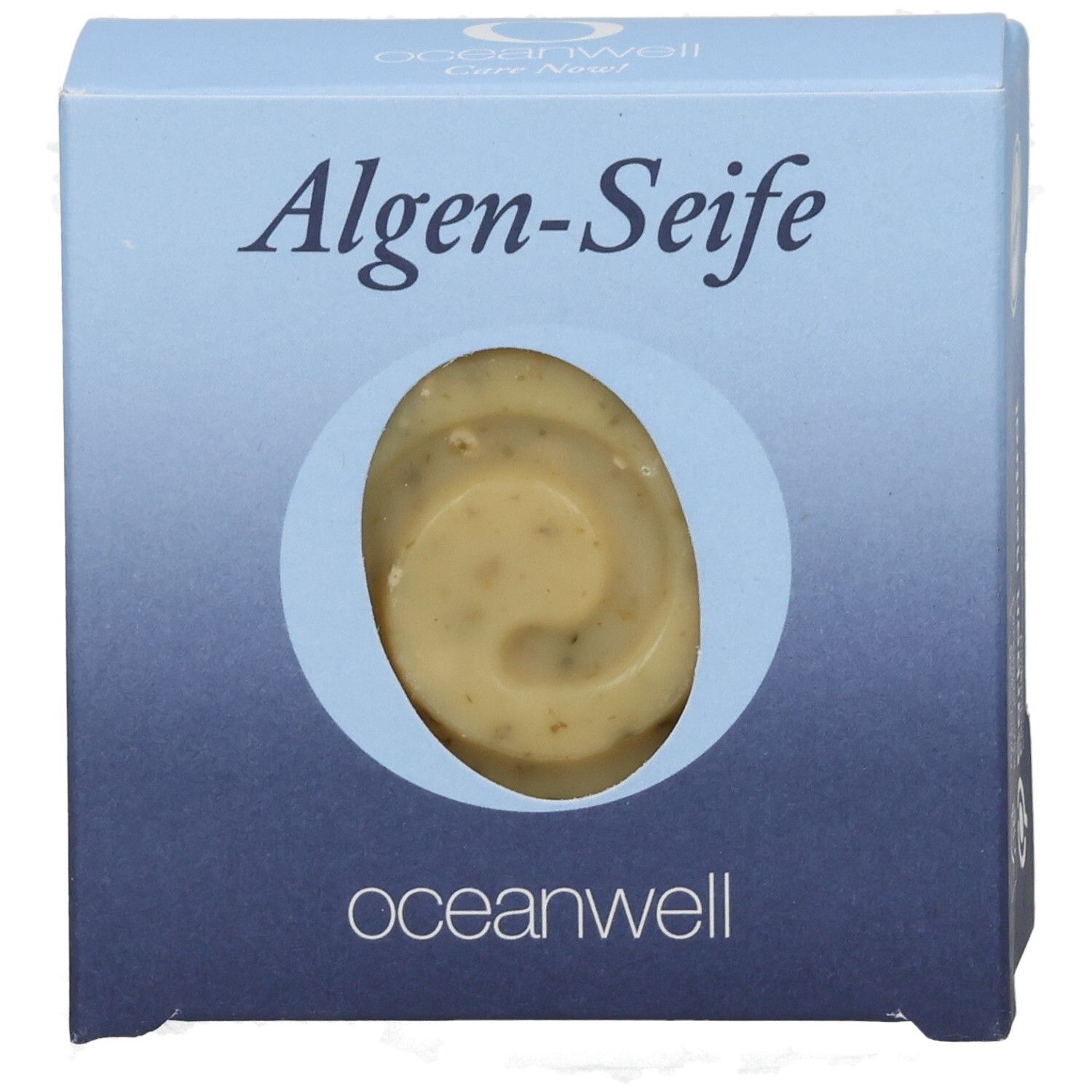 Hellblaue Schachtel mit Algen-Seife. Sichtfenster zeigt Seife. oceanwell-Logo.