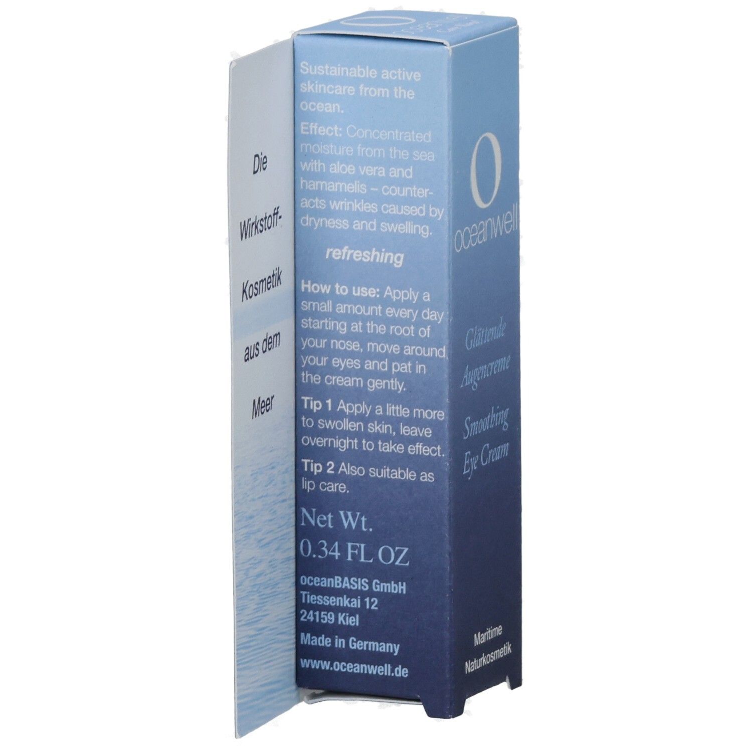 Faltschachtel mit "oceanwell"-Logo und "Glättende Augencreme". Text: Anwendung, Inhaltsstoffe, Nettoinhalt 0.34 FL. OZ.