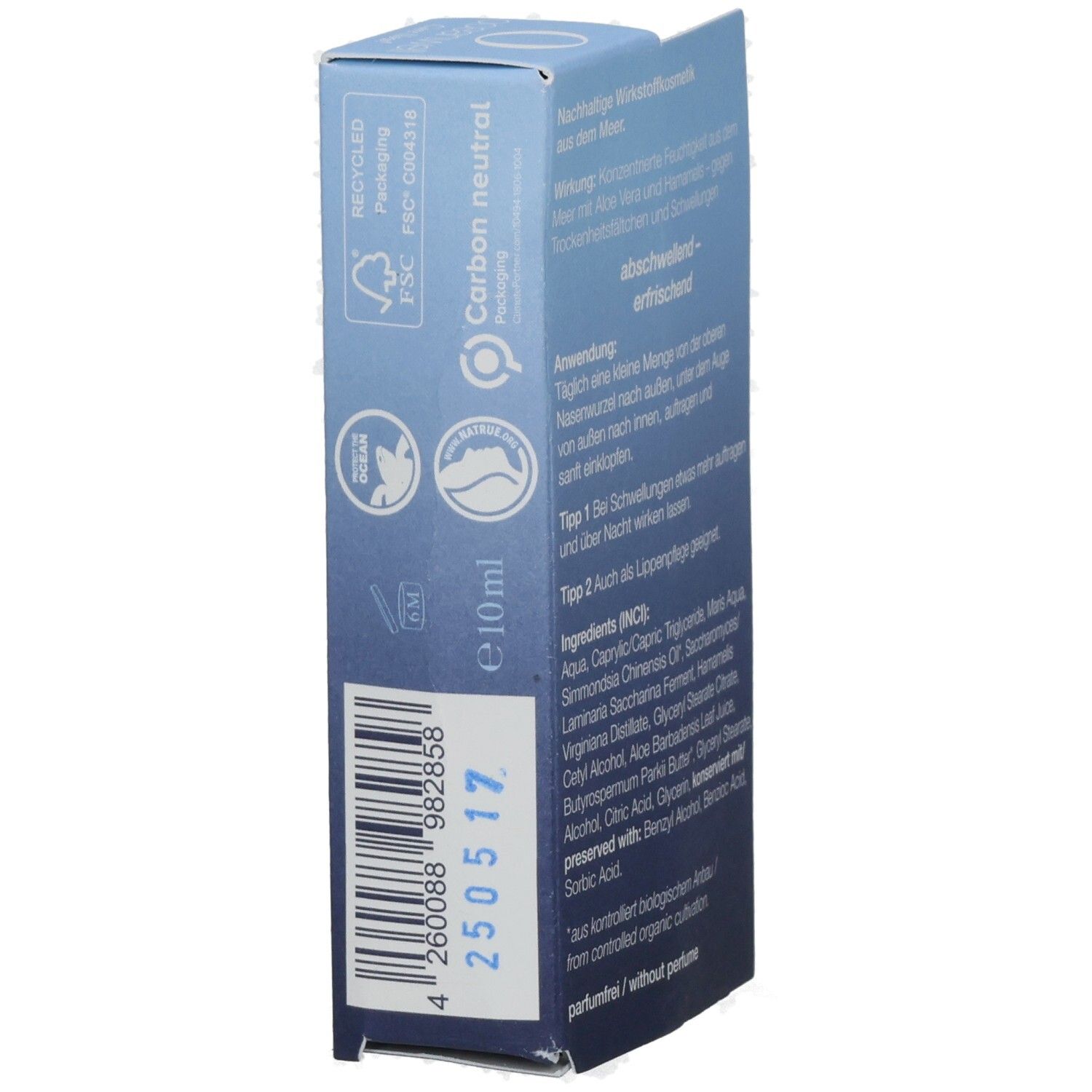 Faltschachtel mit Text: Anwendung, Inhaltsstoffe, 10ml. FSC-Siegel, Recycling-Symbol, Carbon neutral.