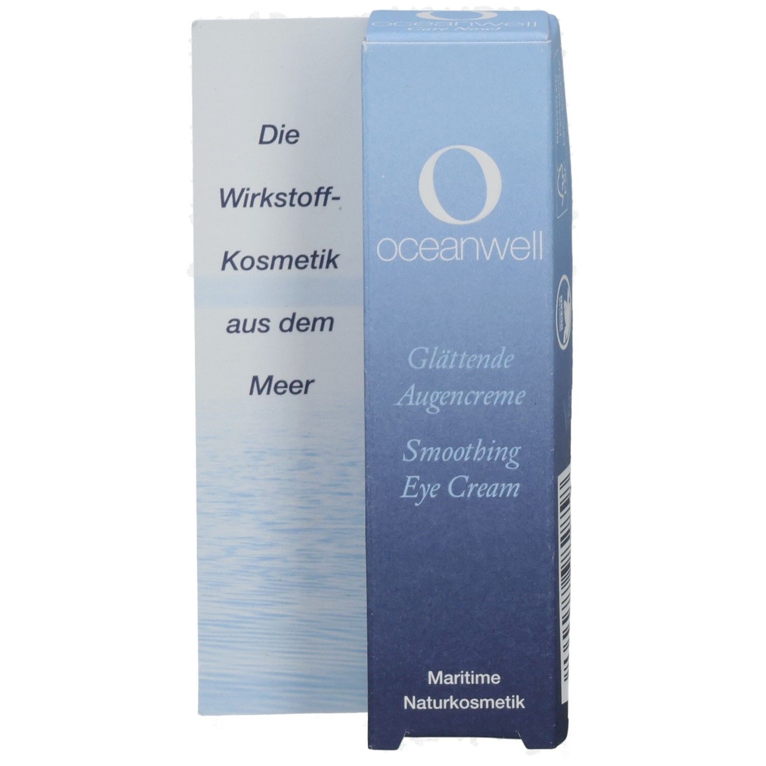 Blau-weiße Faltschachtel mit "oceanwell"-Logo und "Glättende Augencreme". Maritime Naturkosmetik. Beipackzettel.