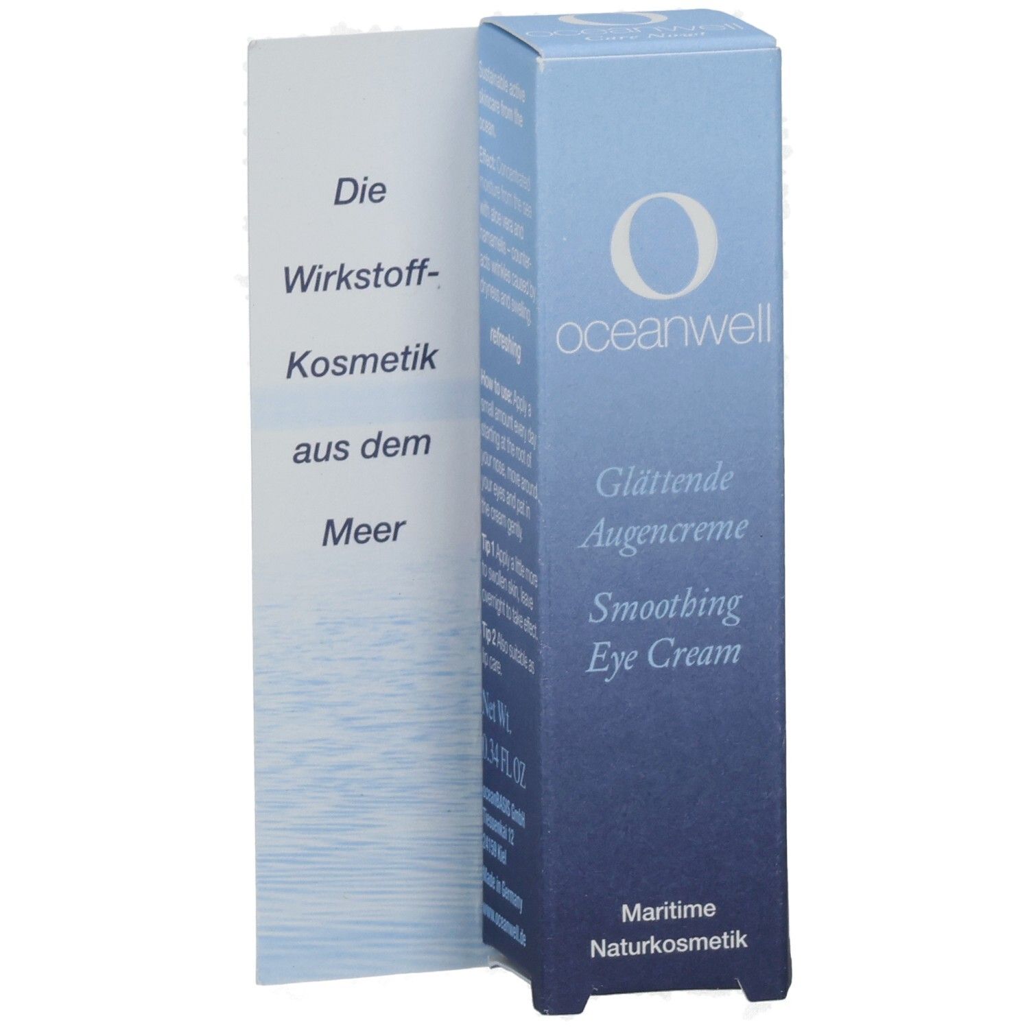 Blau-weiße Faltschachtel mit "oceanwell"-Logo und "Glättende Augencreme". Maritime Naturkosmetik. Beipackzettel.