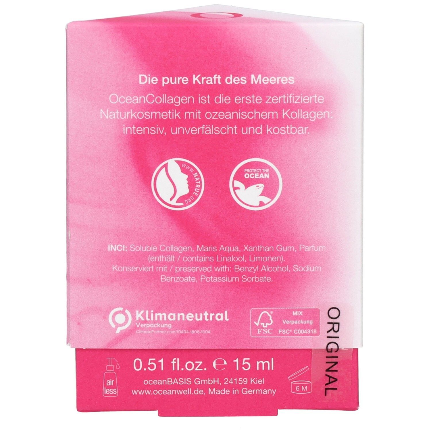 Rückseite der Verpackung. Text: "Die pure Kraft des Meeres". Logos, Text: "OceanCollagen". Inhaltsstoffe. Volumen: 15 ml. Klimaneutral.