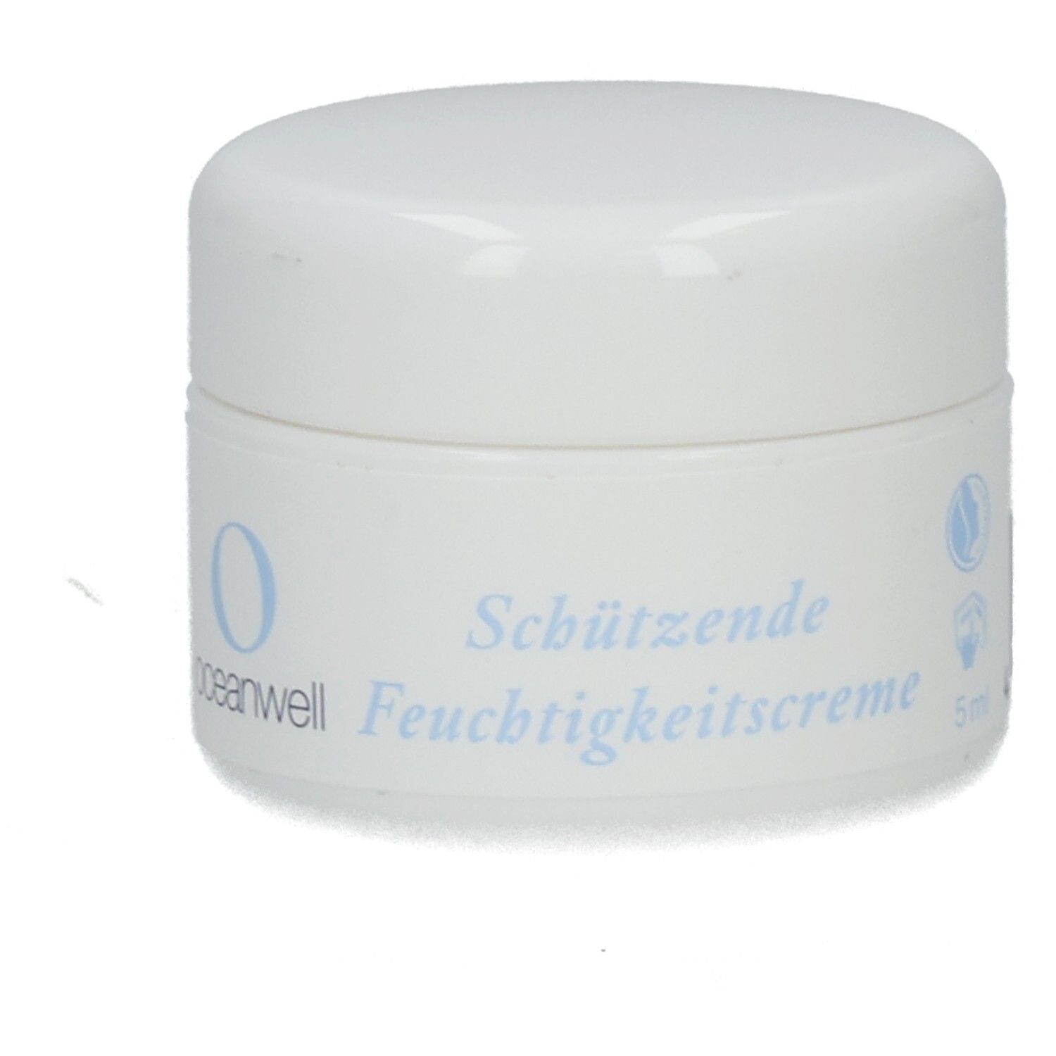 Weißer Tiegel mit Deckel. Aufschrift: Schützende Feuchtigkeitscréme. Logo und Schriftzug oceanwell.