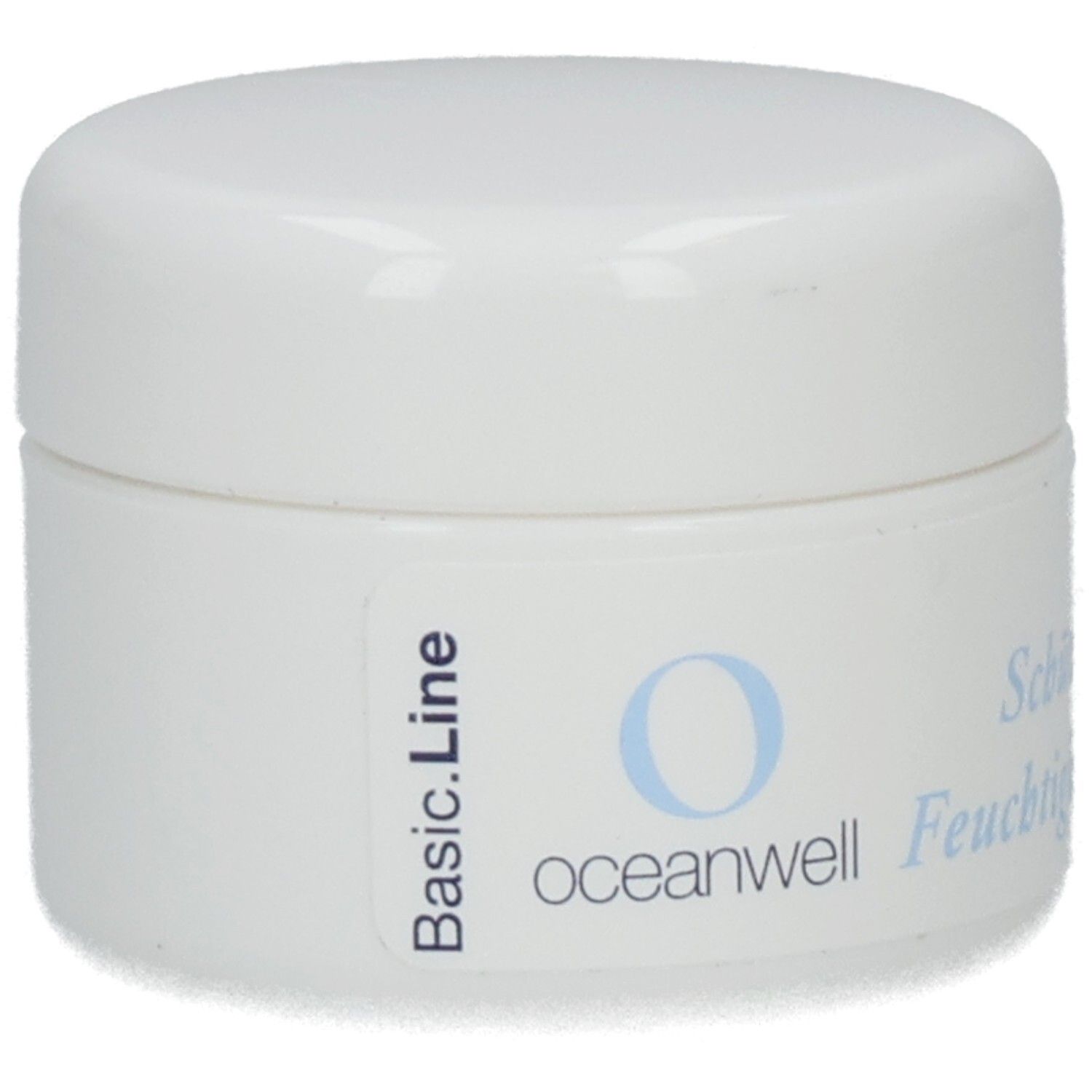 Weißer Tiegel mit Deckel. Aufschrift: oceanwell Basic.Line. Logo und Schriftzug.