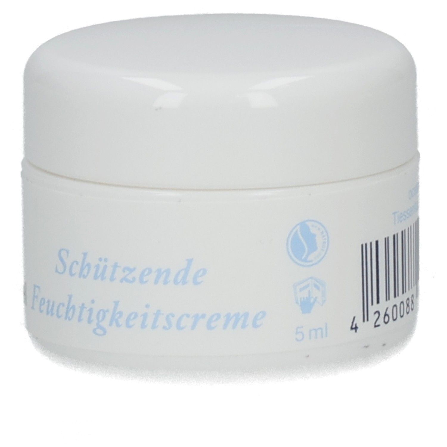 Weißer Tiegel mit Deckel. Aufschrift: Schützende Feuchtigkeitscréme. Barcode und 5ml.