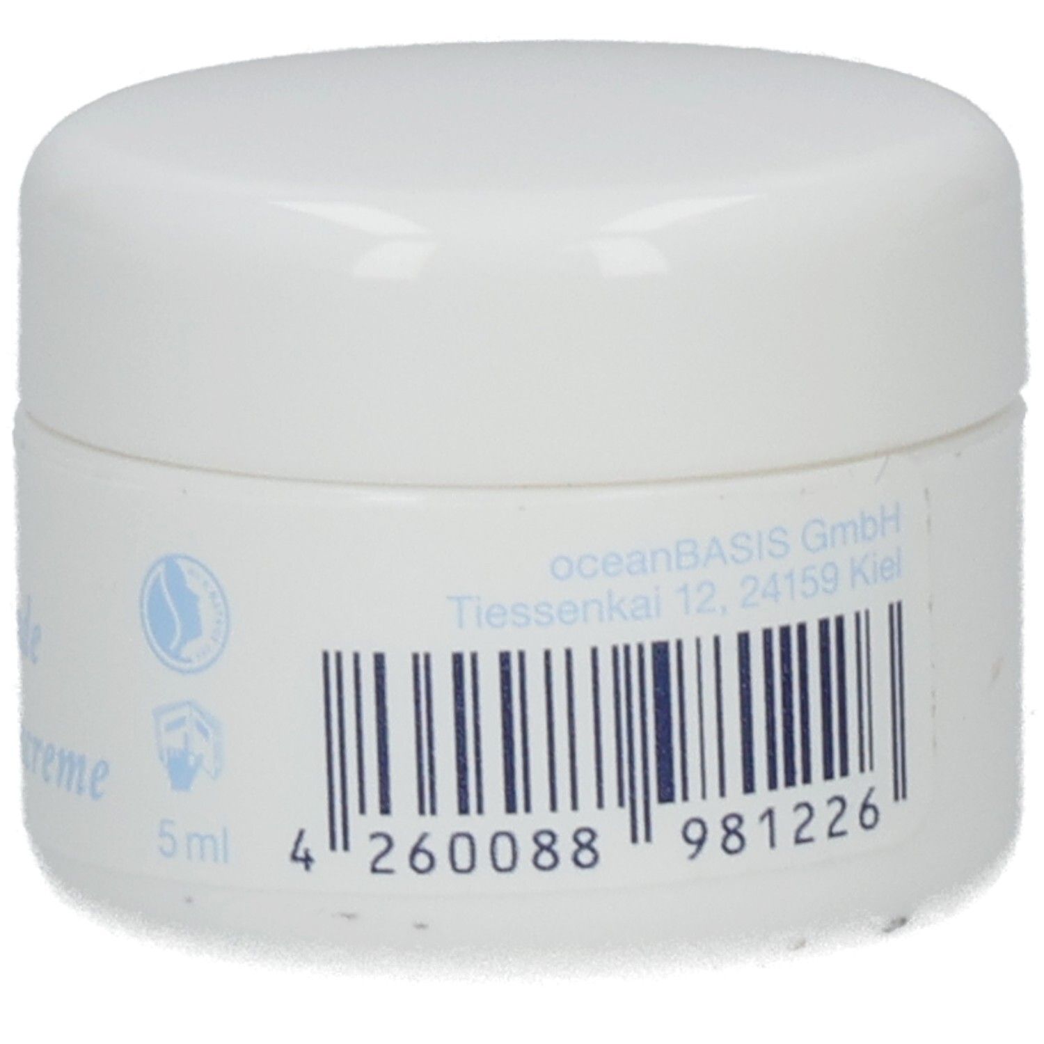 Weißer Tiegel mit Deckel. Barcode, 5ml und Firmenadresse oceanBASIS GmbH.