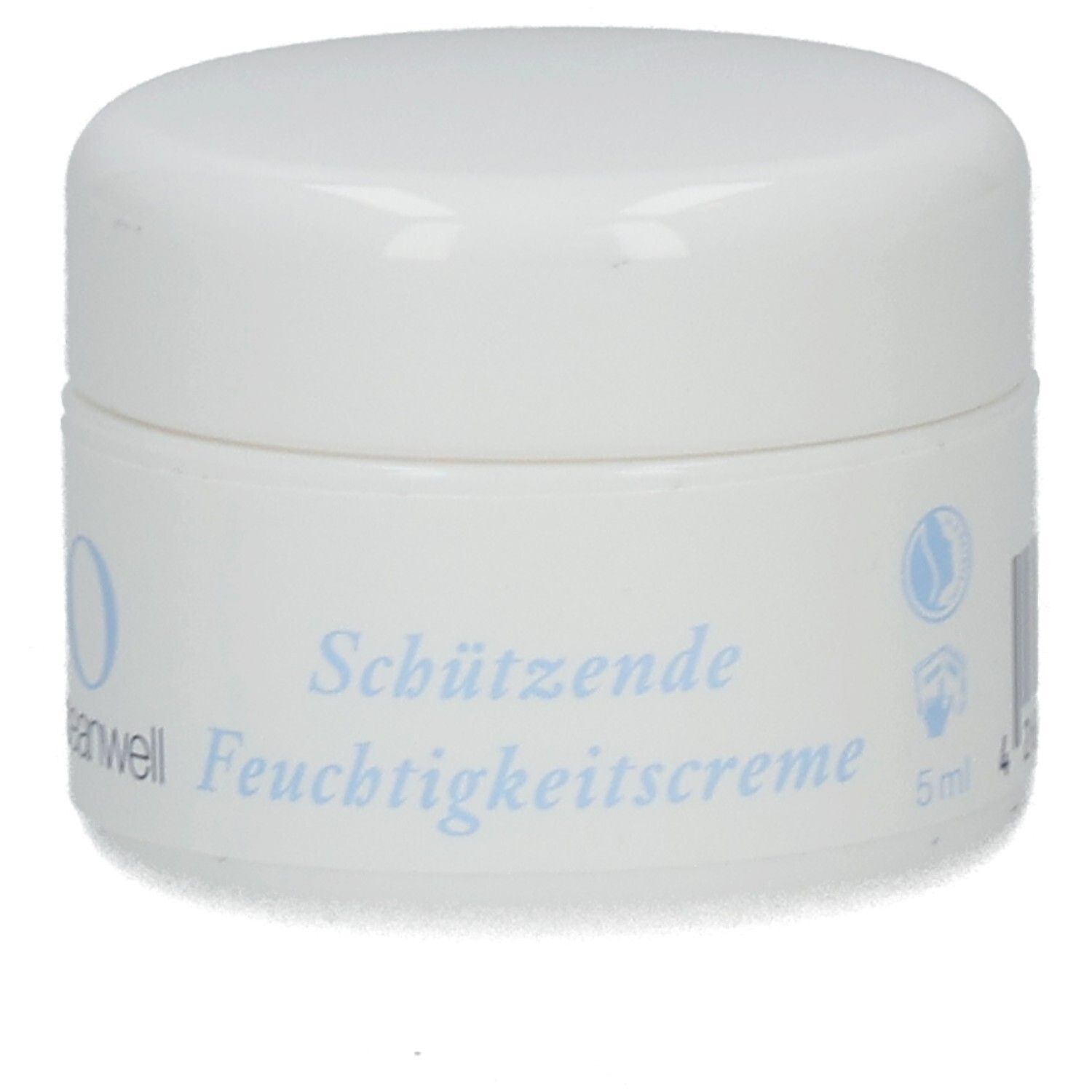 Weißer Tiegel mit Deckel. Aufschrift: Schützende Feuchtigkeitscréme. Logo und Schriftzug oceanwell.