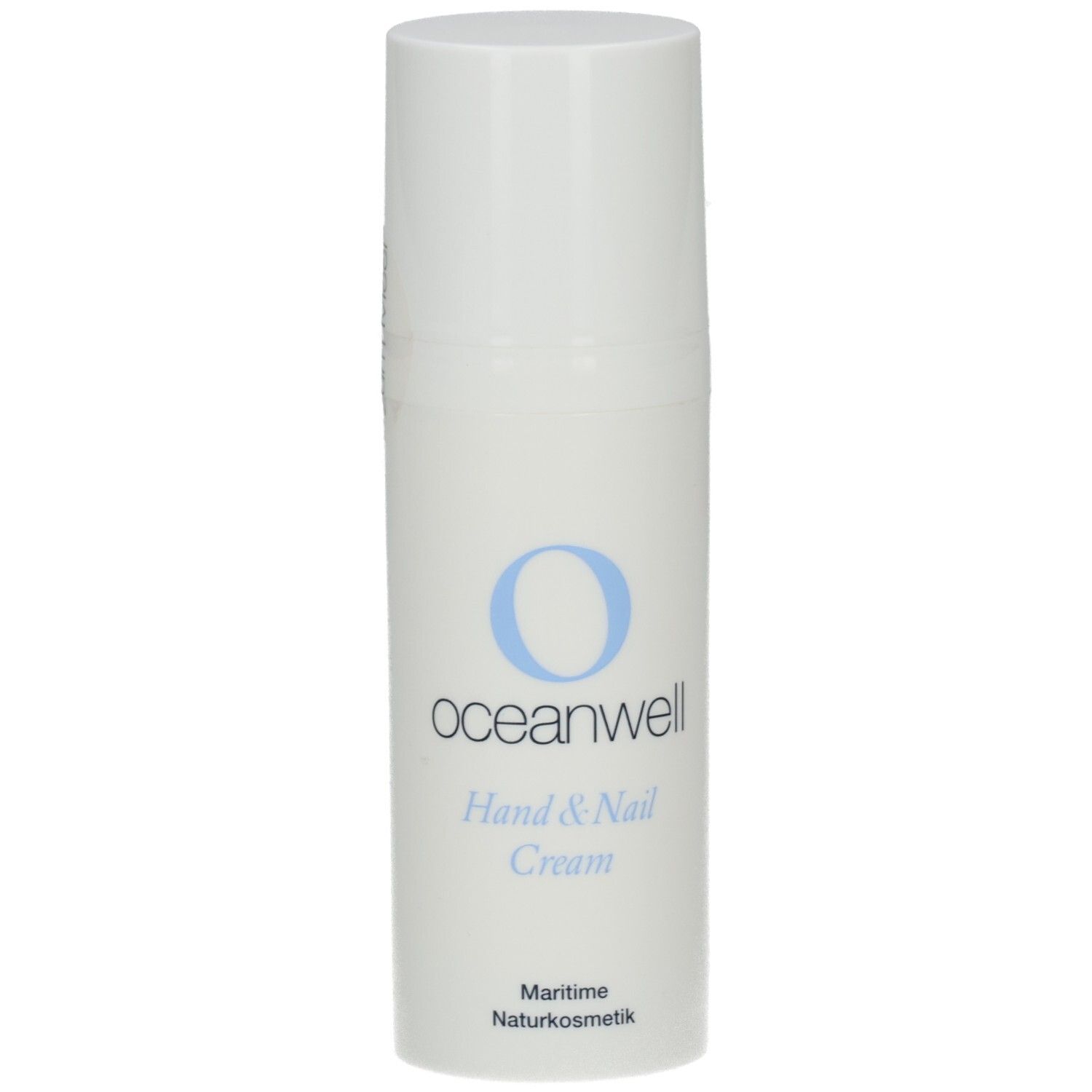 Weiße Flasche mit blauem "O"-Logo und Text. "oceanwell Hand & Nail Cream" und "Maritime Naturkosmetik" sind sichtbar.