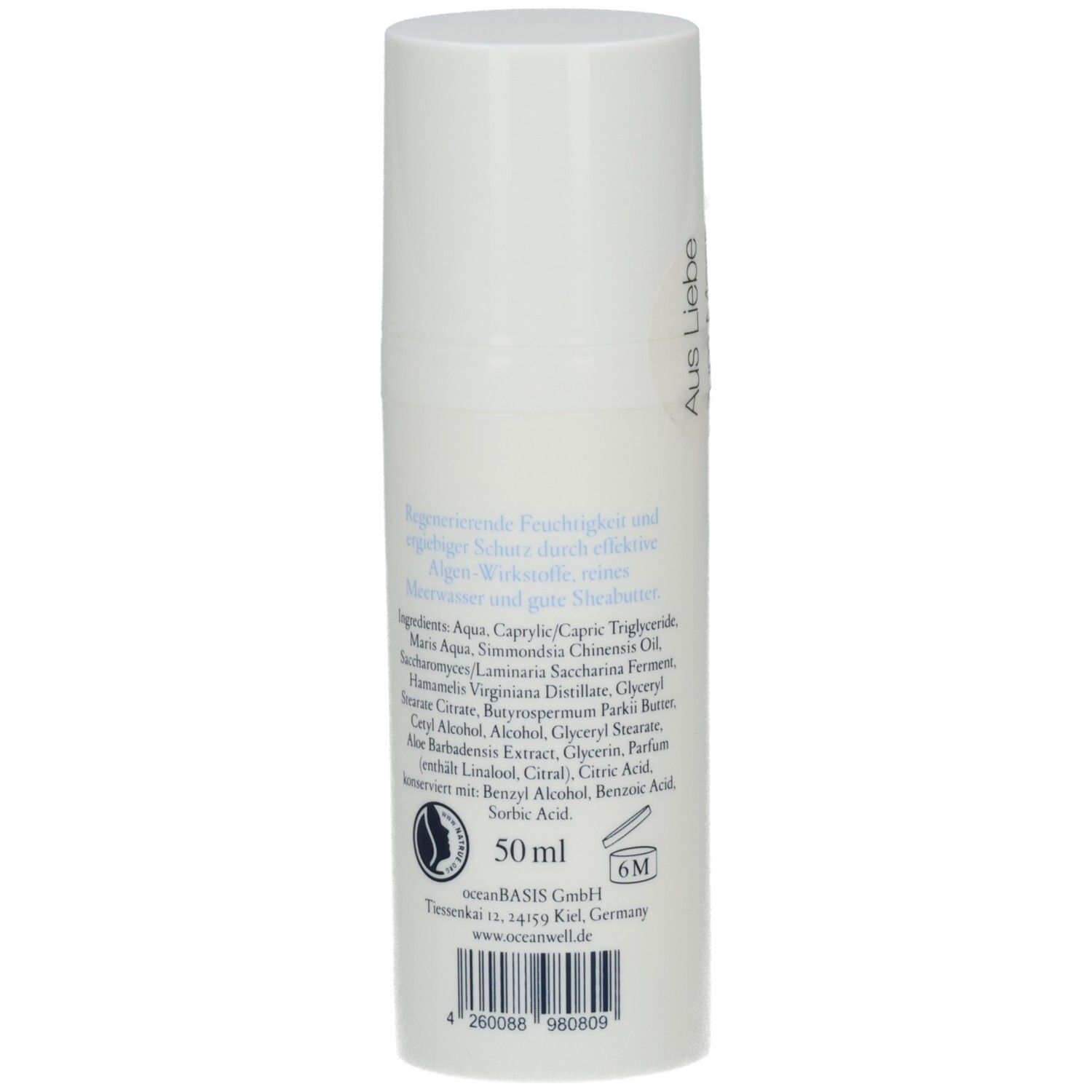 Rückseite einer weißen Flasche. Text mit Inhaltsstoffen, 50ml, und Logo. Barcode und 6M-Symbol.