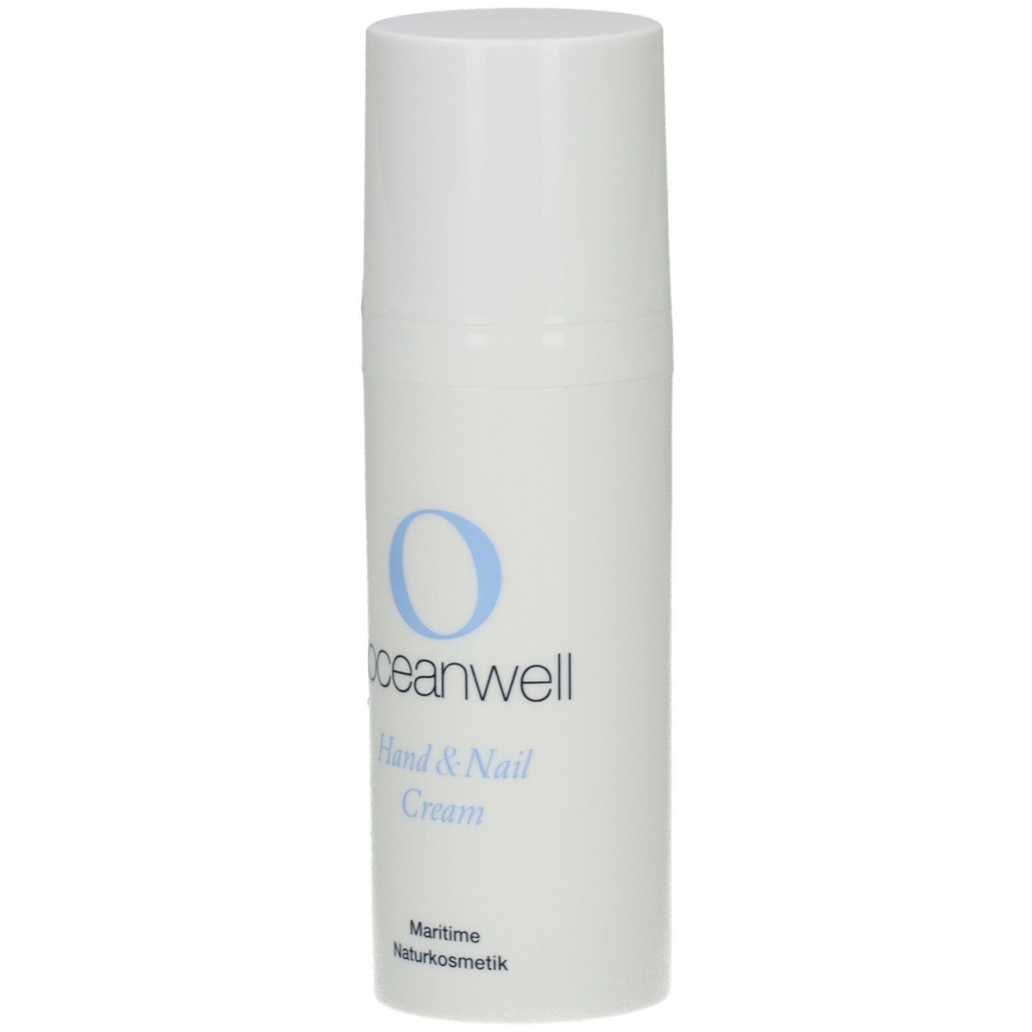 Weiße Flasche mit blauem "O"-Logo und Text. "oceanwell Hand & Nail Cream" und "Maritime Naturkosmetik" sind sichtbar.