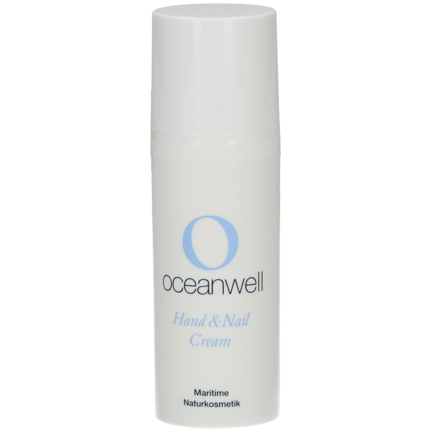 Weiße Flasche mit blauem "O"-Logo und Text. "oceanwell Hand & Nail Cream" und "Maritime Naturkosmetik" sind sichtbar.