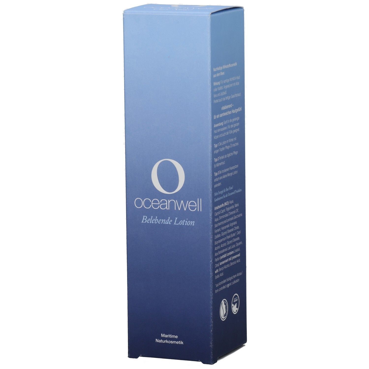 Blau-weiße Verpackung mit "oceanwell Belebende Lotion"-Logo. Maritime Naturkosmetik. Oben und unten geschlossen.