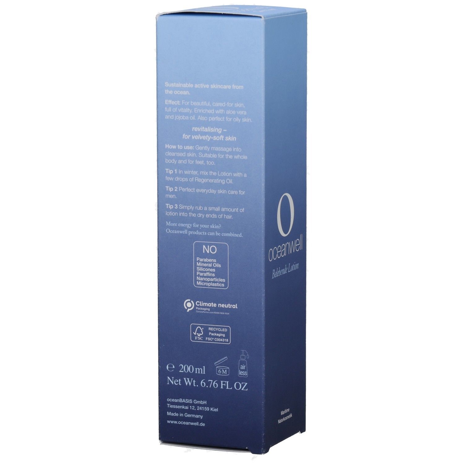 Rückseite der Verpackung. Text über Inhaltsstoffe, Anwendung und Zertifizierungen. "oceanwell"-Logo. 200ml, 6.76 FL.OZ.