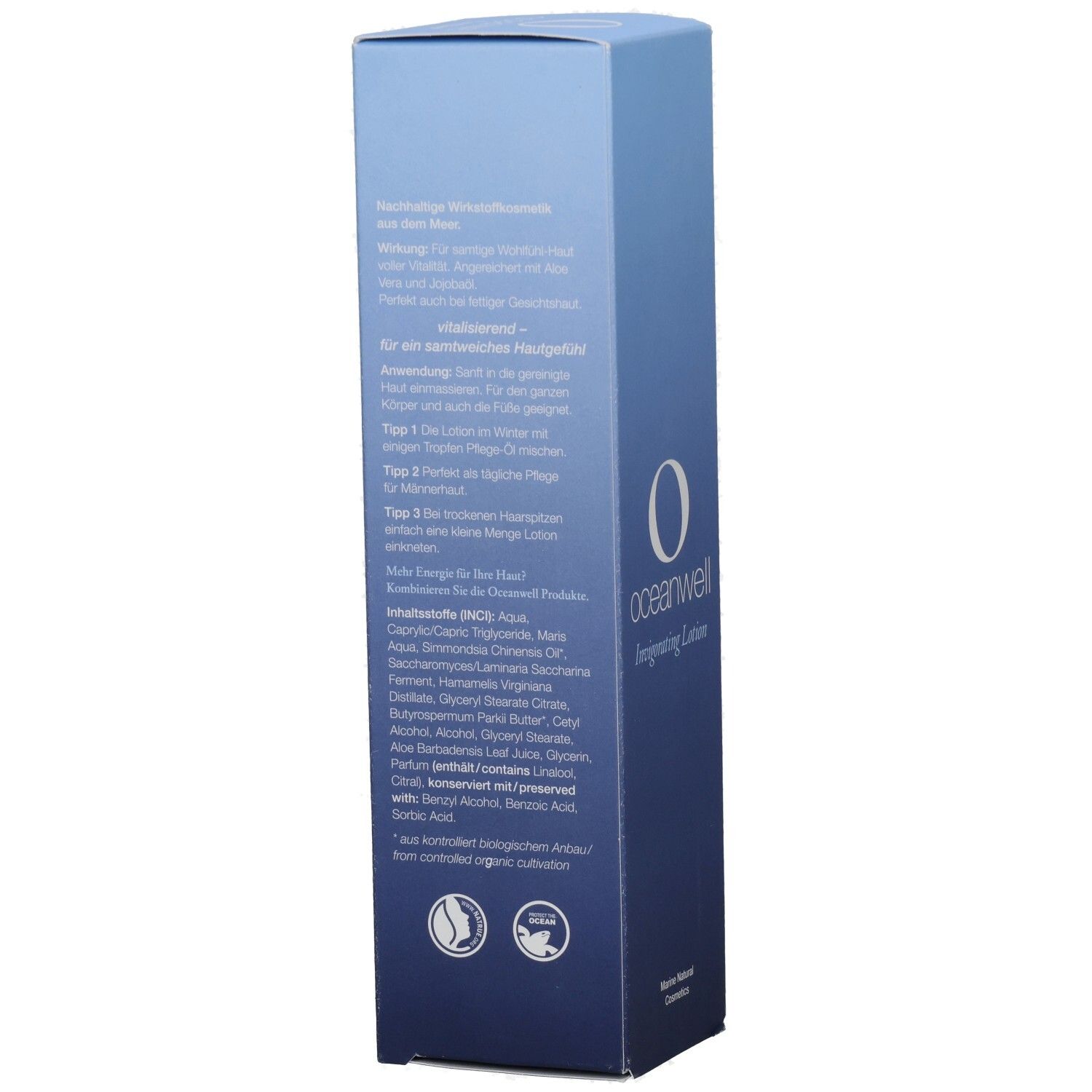 Rückseite der Verpackung. Text über Inhaltsstoffe, Anwendung und Zertifizierungen. "oceanwell"-Logo. 200ml, 6.76 FL.OZ.