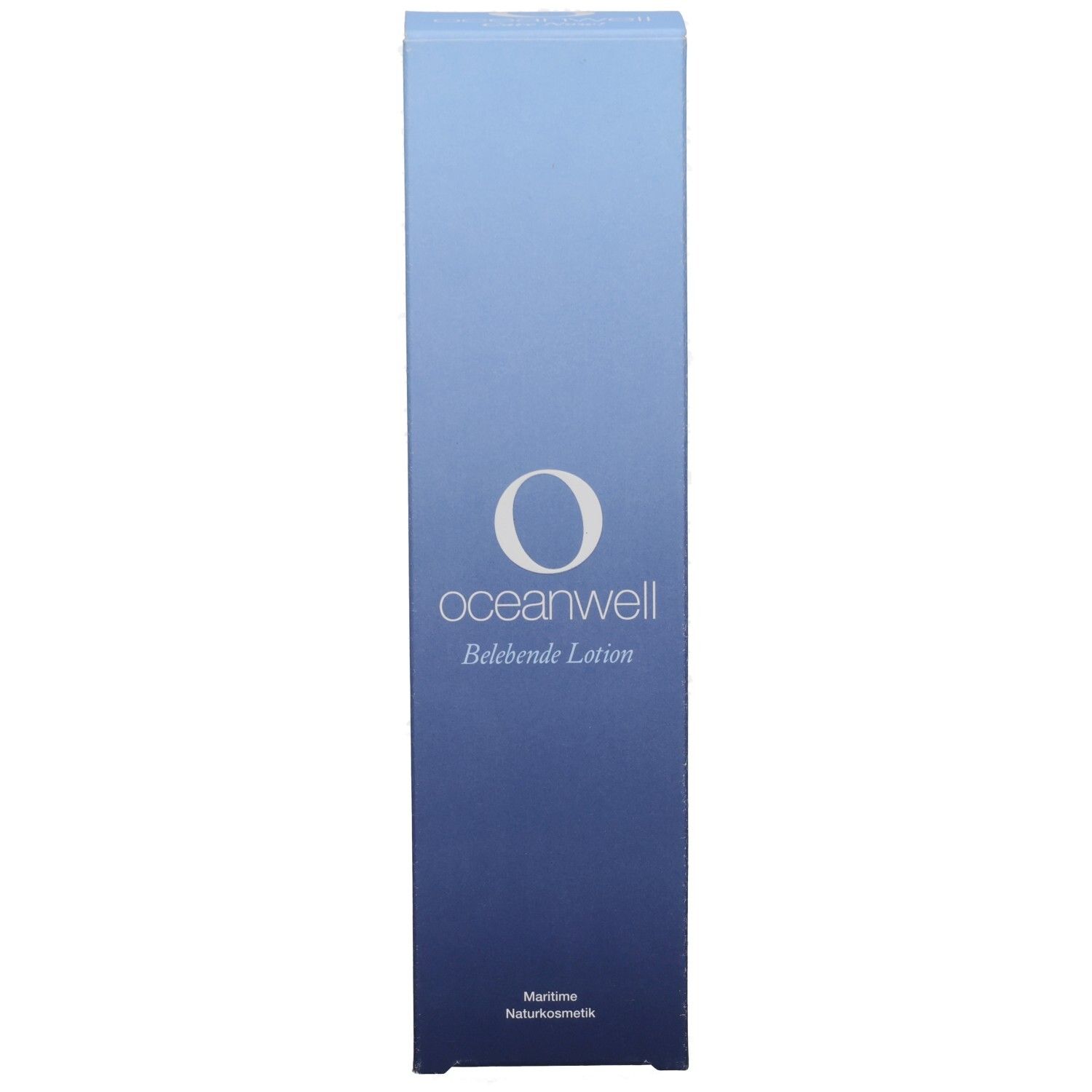Blau-weiße Verpackung mit "oceanwell Belebende Lotion"-Logo. Maritime Naturkosmetik. Oben und unten geschlossen.