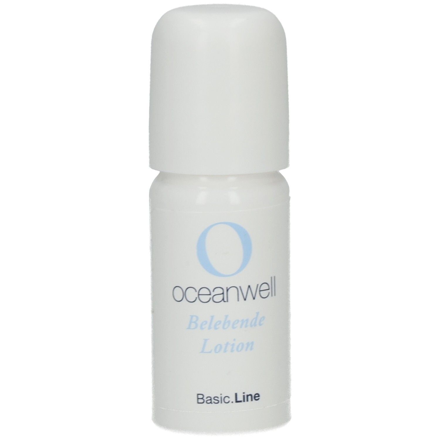 Weiße Flasche mit blauem Logo und Schriftzug. Beschriftung: oceanwell Belebende Lotion. Basic.Line.