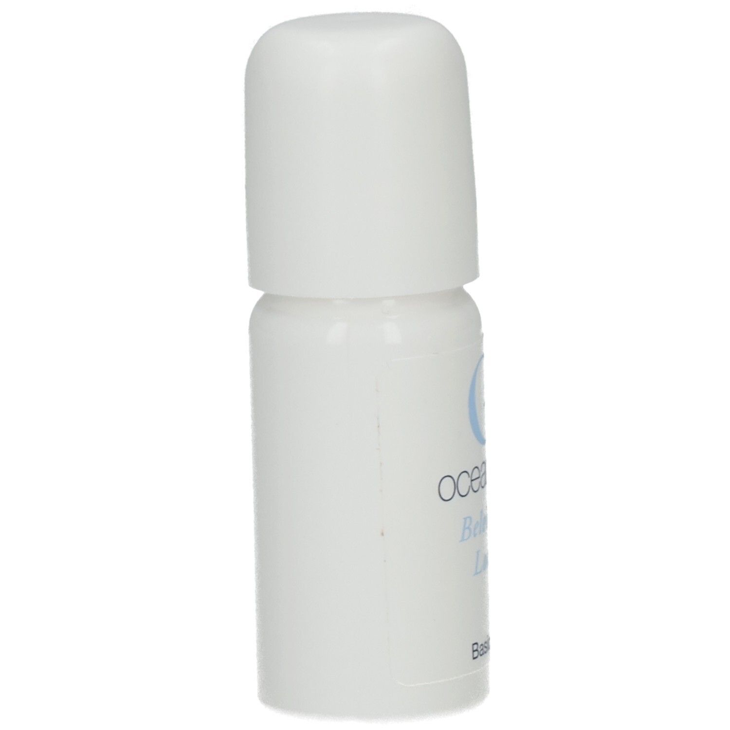 Weiße Flasche mit blauem Logo und Schriftzug. Beschriftung: oceanwell Belebende Lotion. Basic.Line.