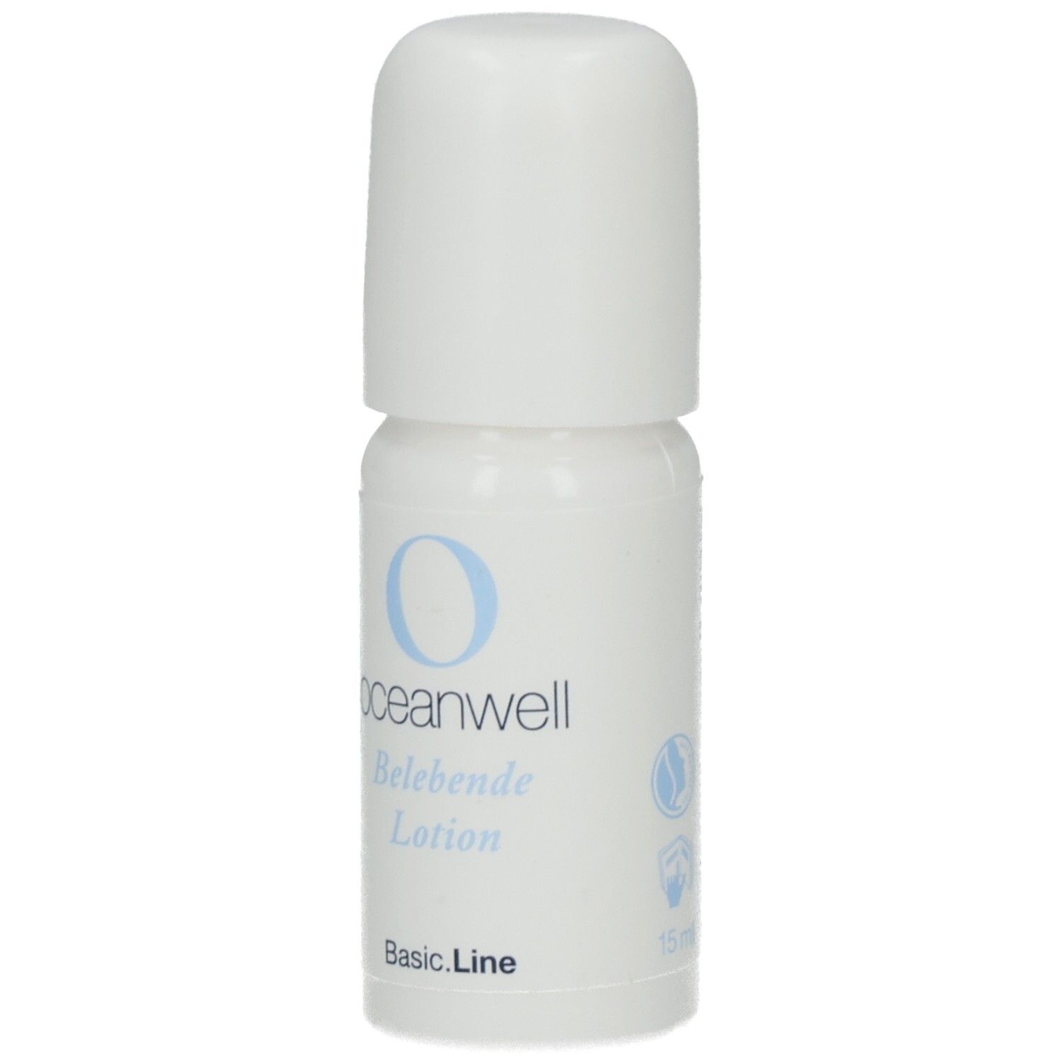 Weiße Flasche mit blauem Logo und Schriftzug. Beschriftung: oceanwell Belebende Lotion. Basic.Line. 15 ml.
