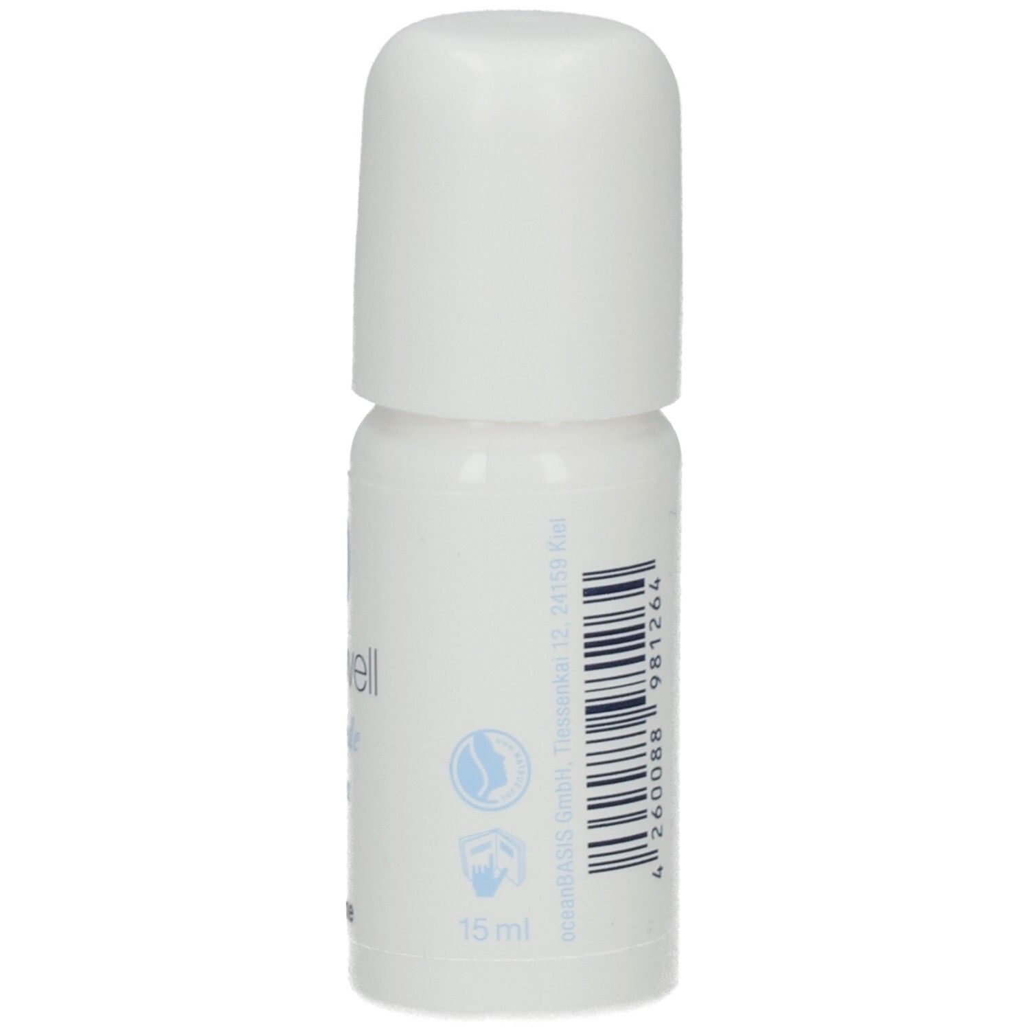 Weiße Flasche mit Barcode und Schriftzug. Beschriftung: oceanwell Belebende Lotion. Basic.Line. 15 ml.
