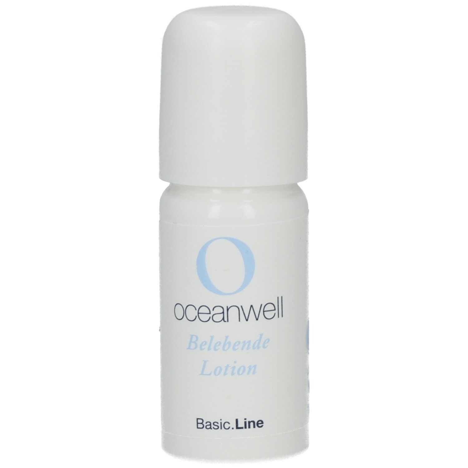 Weiße Flasche mit blauem Logo und Schriftzug. Beschriftung: oceanwell Belebende Lotion. Basic.Line.