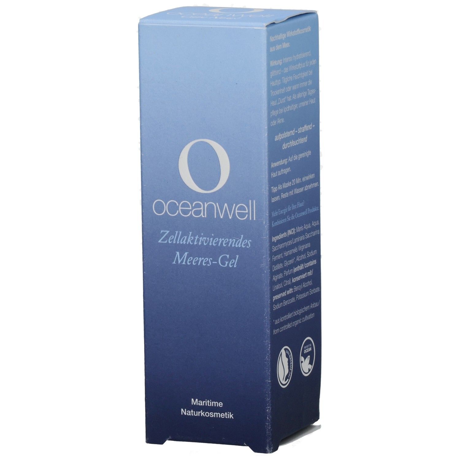 Blau-weiße Schachtel. O-Logo und Schriftzug "oceanwell". Text: "Zellaktivierendes Meeres-Gel". "Maritime Naturkosmetik".