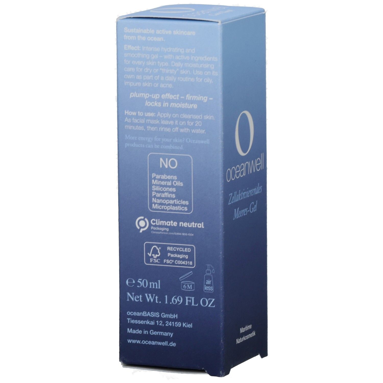 Rückseite der Schachtel. Text: "oceanwell", "Zellaktivierendes Meeres-Gel". Inhaltsstoffe, Zertifizierungen, "e 50ml".