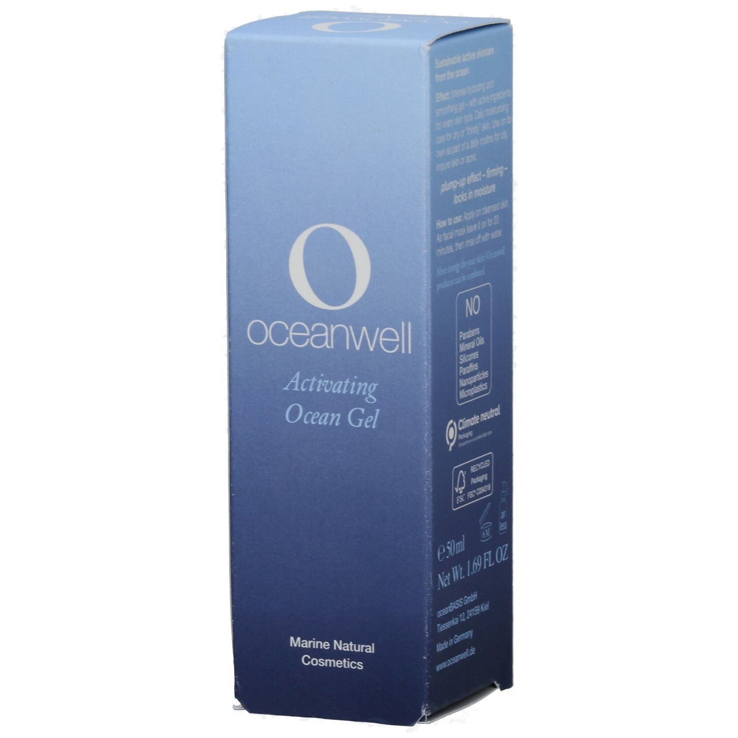 Blau-weiße Schachtel. O-Logo und Schriftzug "oceanwell". Text: "Activating Ocean Gel". "Marine Natural Cosmetics".