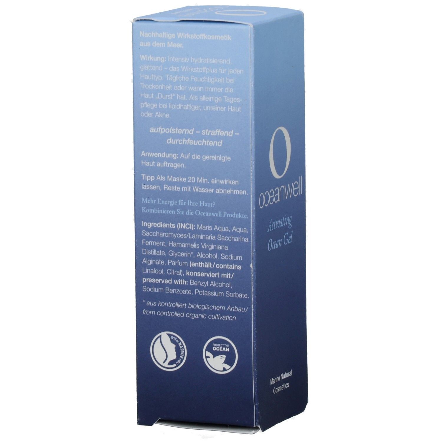 Rückseite der Schachtel. Text: "oceanwell", "Activating Ocean Gel". Inhaltsstoffe, Zertifizierungen, "e 50ml".