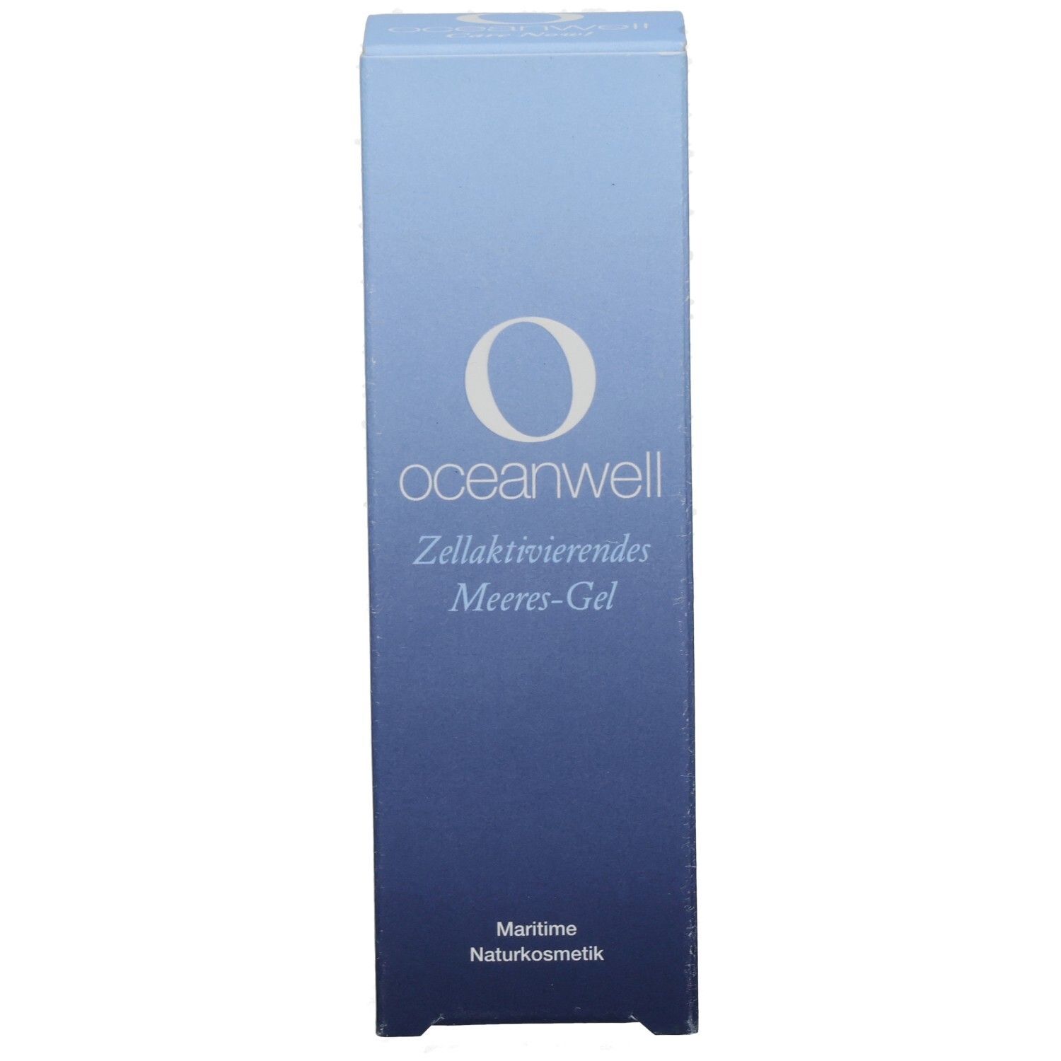 Blau-weiße Schachtel. O-Logo und Schriftzug "oceanwell". Text: "Zellaktivierendes Meeres-Gel". "Maritime Naturkosmetik".