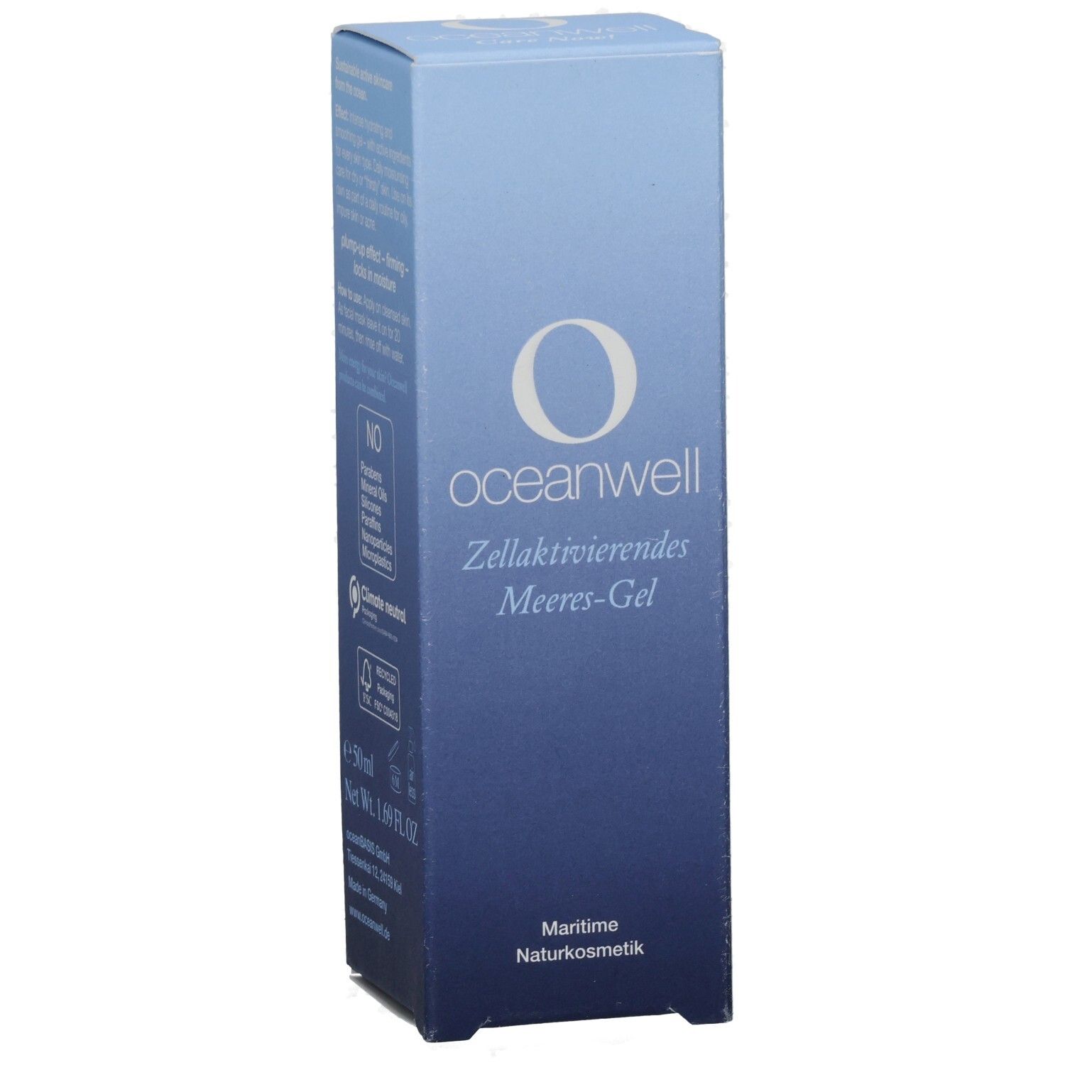 Blau-weiße Schachtel. O-Logo und Schriftzug "oceanwell". Text: "Zellaktivierendes Meeres-Gel". "Maritime Naturkosmetik".