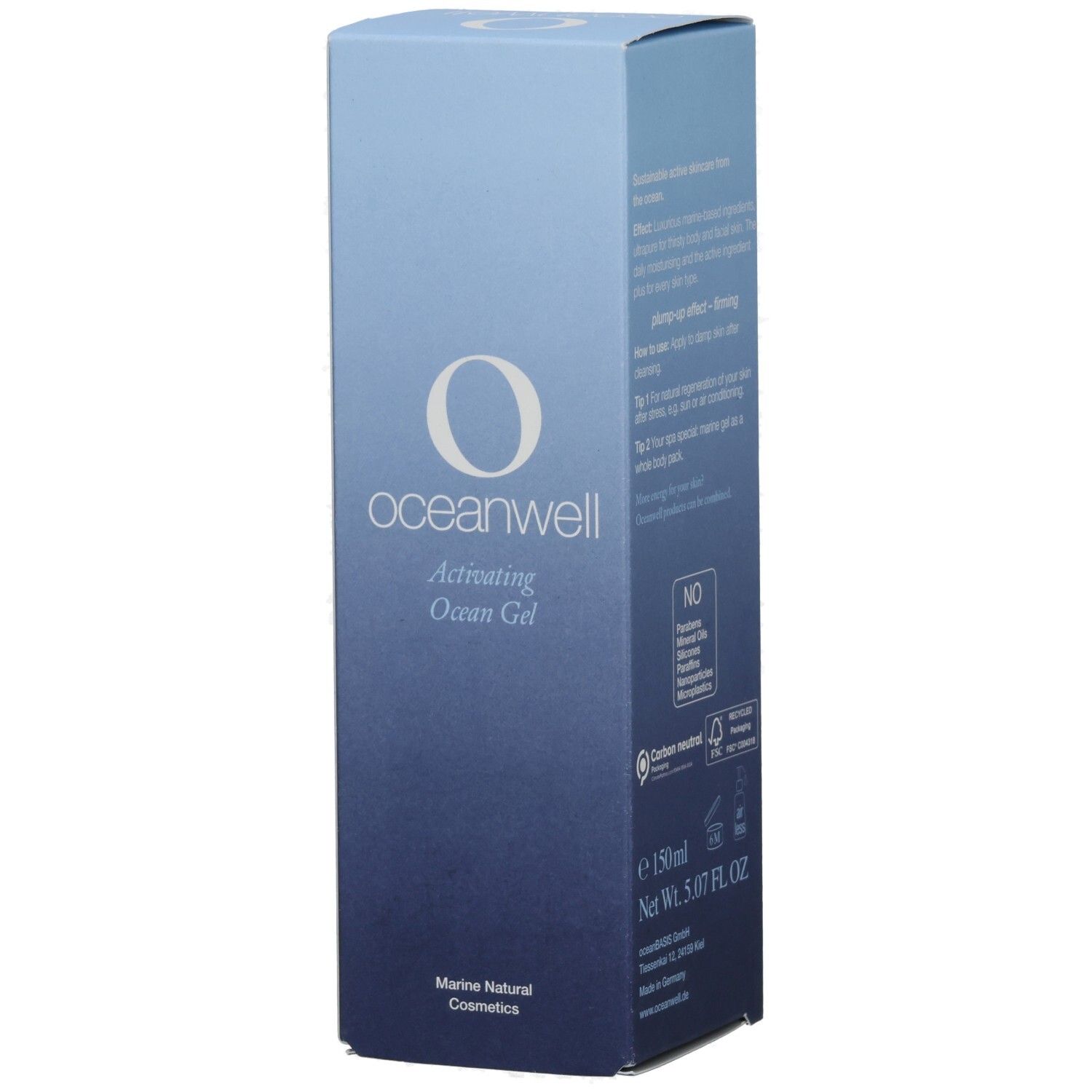 Blau-weiße Verpackung von oceanwell. Aufschrift: oceanwell Activating Ocean Gel. 150ml. Marine Natural Cosmetics.