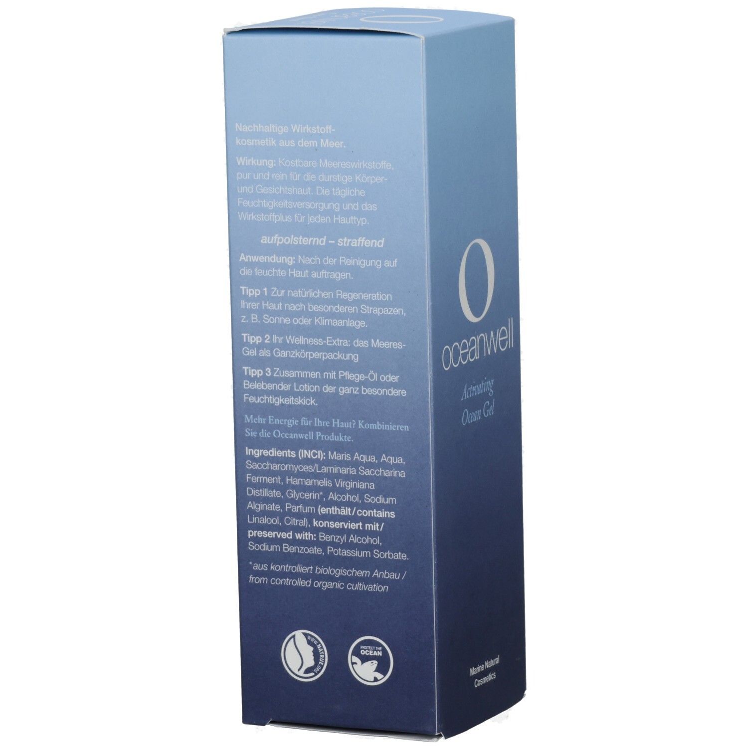 Rückseite der oceanwell-Verpackung. Text in deutscher Sprache. Inhaltsstoffe, Anwendungshinweise und Zertifizierungen.