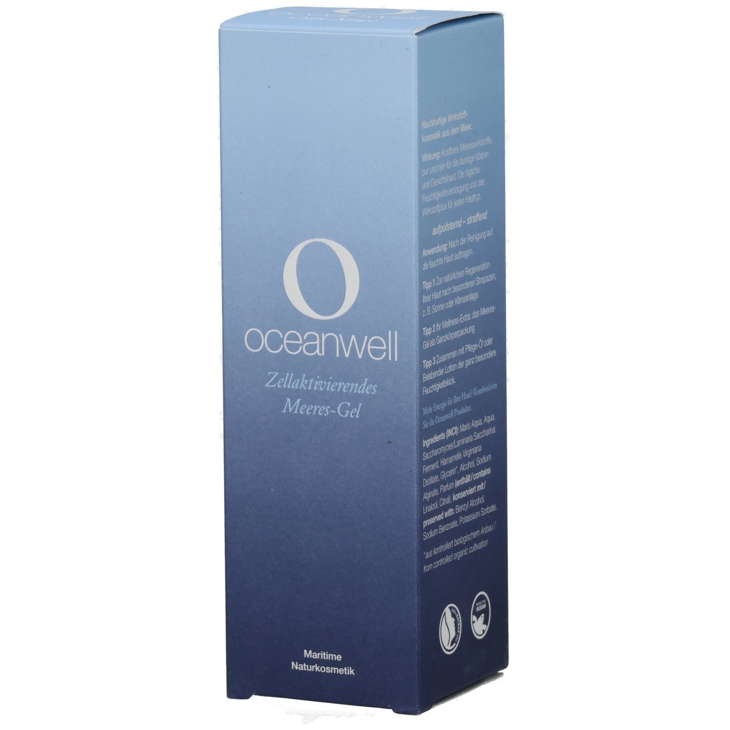 Verpackung von oceanwell. Aufschrift: oceanwell Zellaktivierendes Meeres-Gel. Maritime Naturkosmetik. Text in deutscher Sprache.