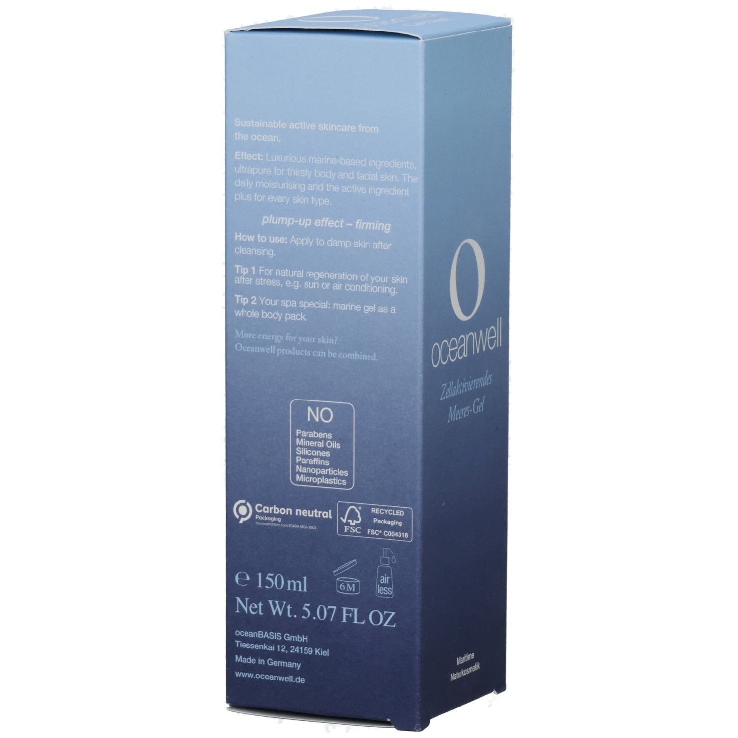 Rückseite der oceanwell-Verpackung. Text in deutscher Sprache. Inhaltsstoffe, Anwendungshinweise und Zertifizierungen.