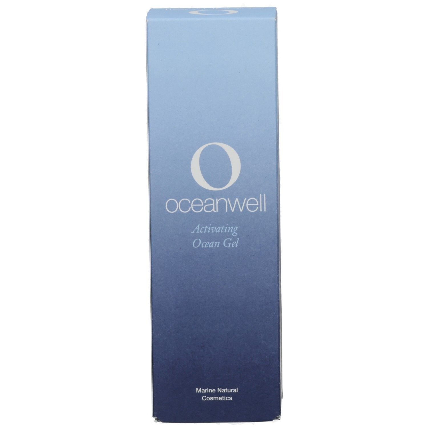 Verpackung von oceanwell. Aufschrift: oceanwell Activating Ocean Gel. Marine Natural Cosmetics. Blau-weiße Farbgebung.