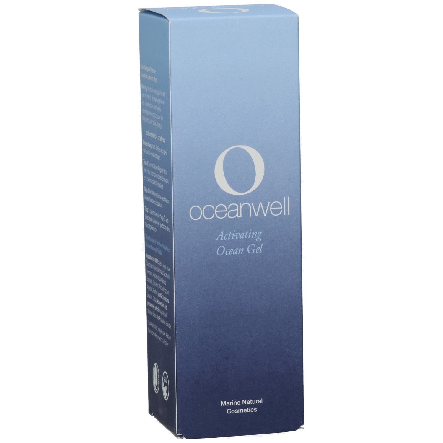 Verpackung von oceanwell. Aufschrift: oceanwell Activating Ocean Gel. Marine Natural Cosmetics. Text in deutscher Sprache.
