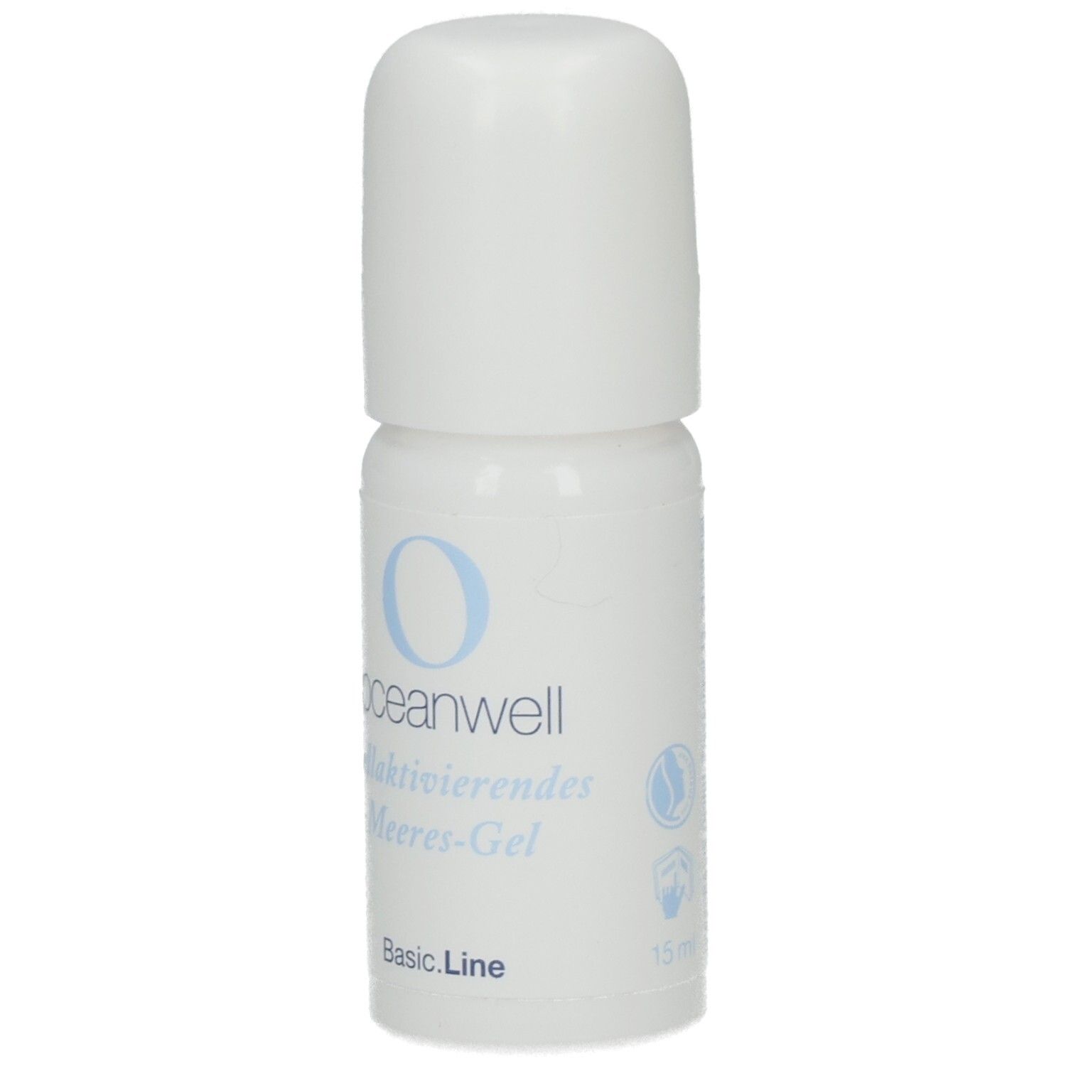 Weißes Fläschchen mit blauem Logo und Schriftzug. Beschriftung: oceanwell, Zellaktivierendes Meeres-Gel, Basic.Line. Mit weißem Deckel. 15 ml.