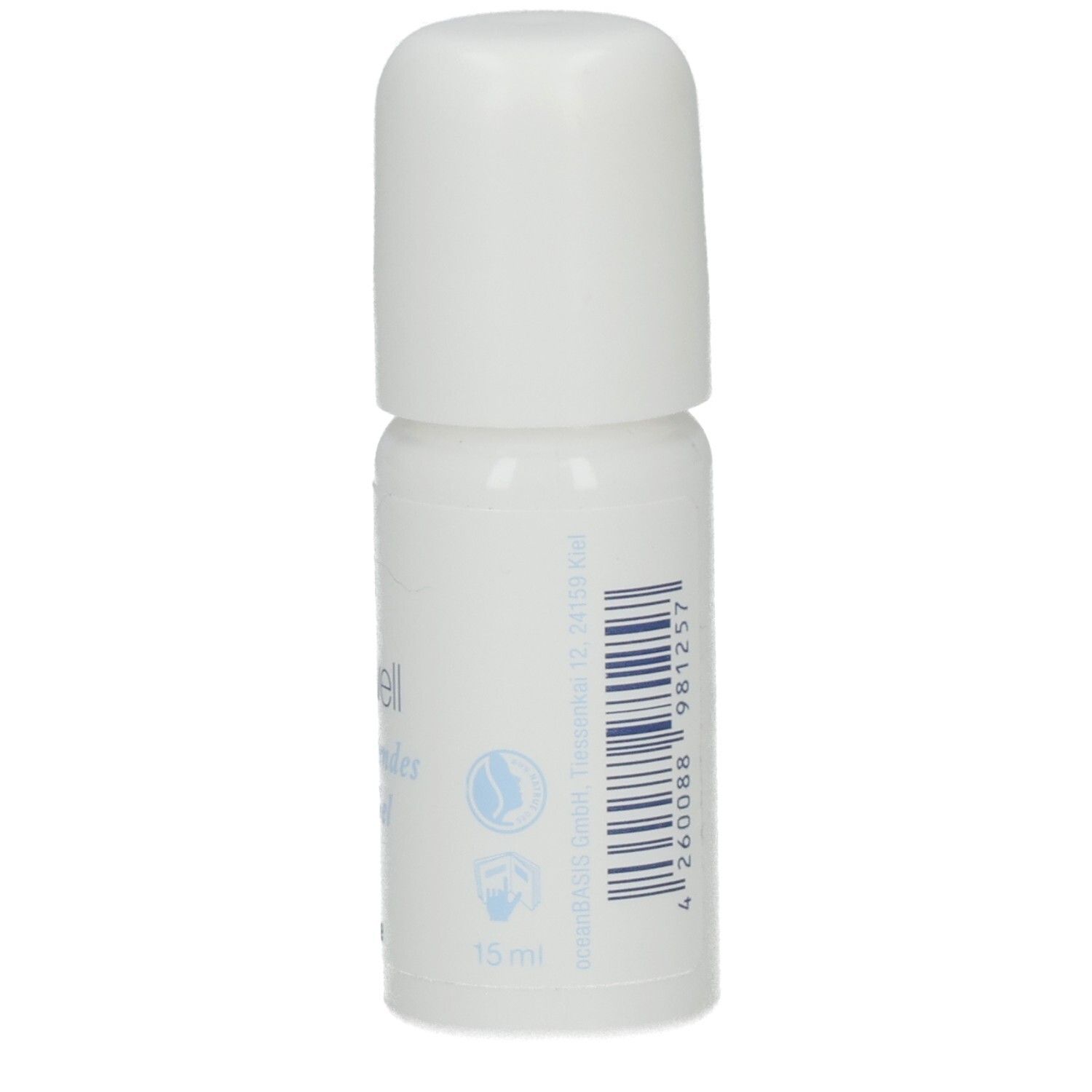 Weißes Fläschchen mit weißem Deckel. Barcode und weitere Schriftzeichen auf der Rückseite. 15 ml.