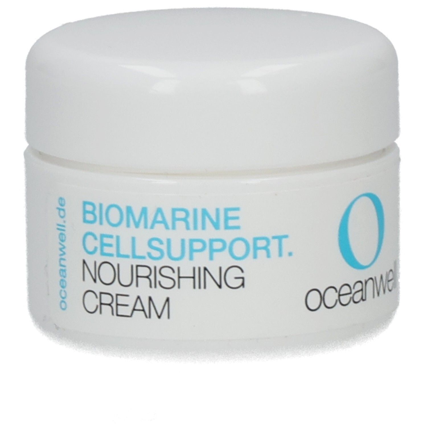 Weißer Tiegel mit blauem Schriftzug: BIOMARINE CELLSUPPORT. NOURISHING CREAM. Ozeanwell-Logo.