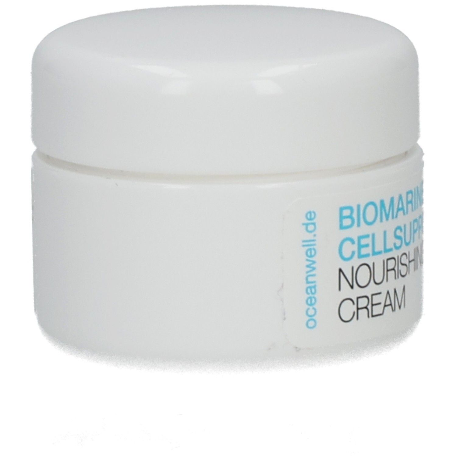 Weißer Tiegel mit blauem Schriftzug: BIOMARINE CELLSUPPORT. NOURISHING CREAM. oceanwell.de.