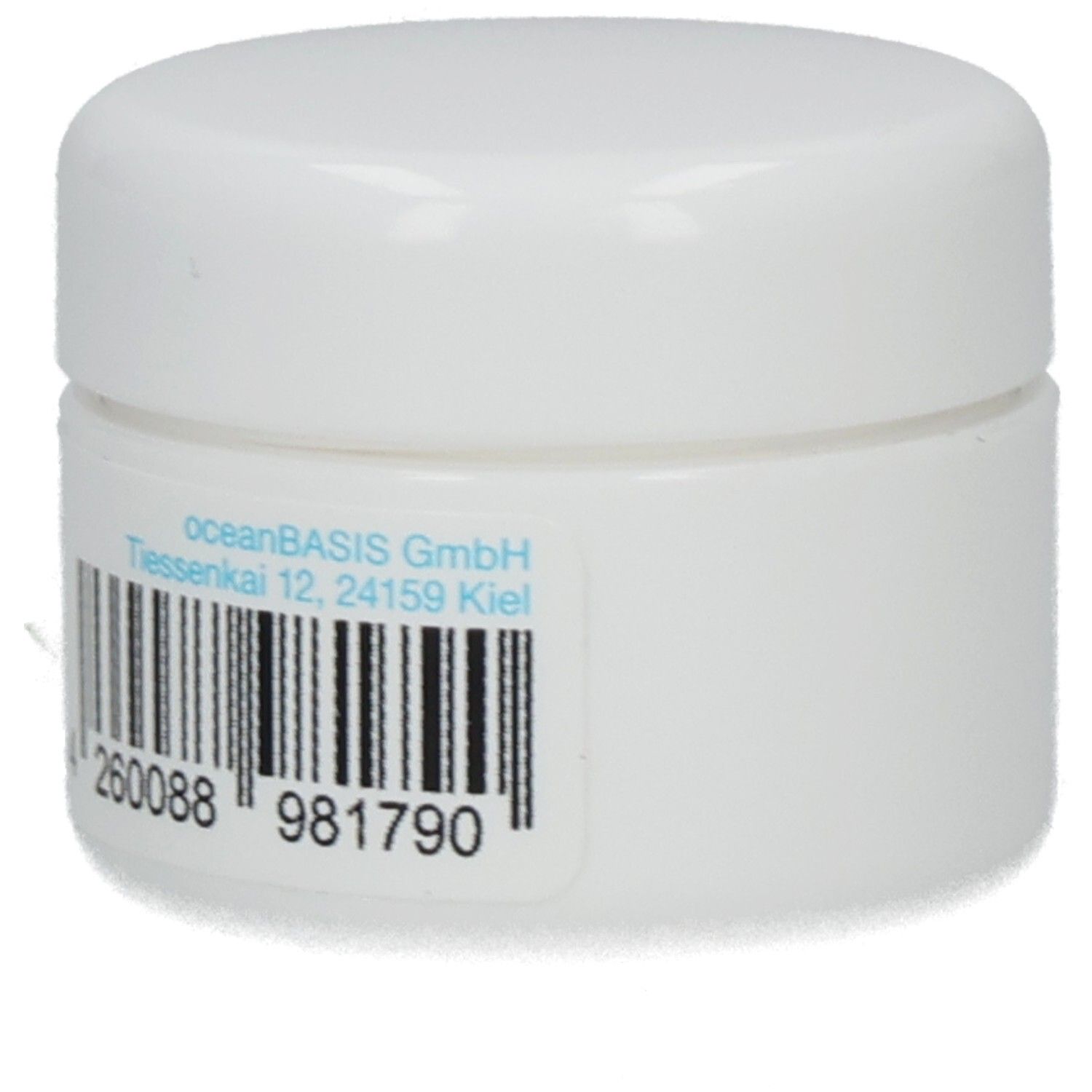 Weißer Tiegel mit Barcode und Text: oceanBASIS GmbH, Tiessenkai 12, 24159 Kiel. Barcode.