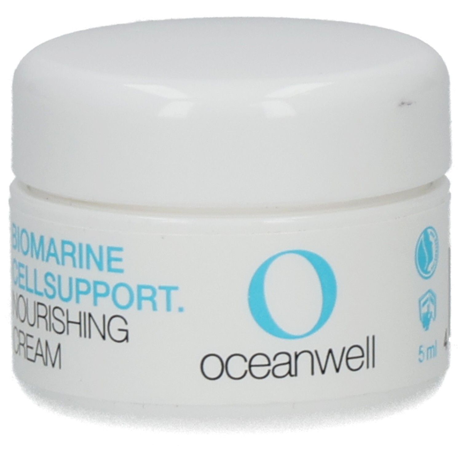 Weißer Tiegel mit blauem Schriftzug: BIOMARINE CELLSUPPORT. NOURISHING CREAM. Ozeanwell-Logo. 5 ml.