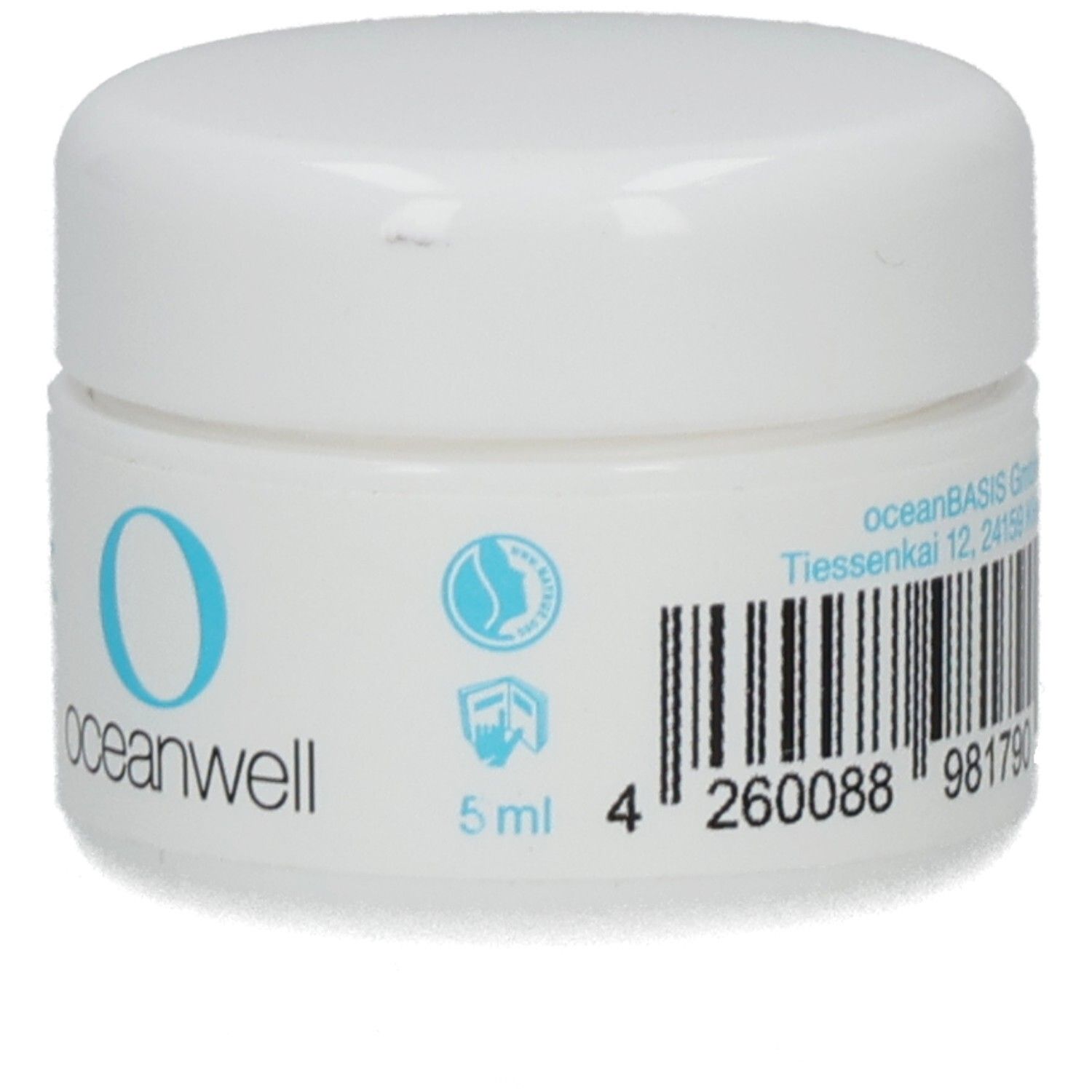 Weißer Tiegel mit blauem Logo und Text: oceanwell. 5 ml. Barcode.
