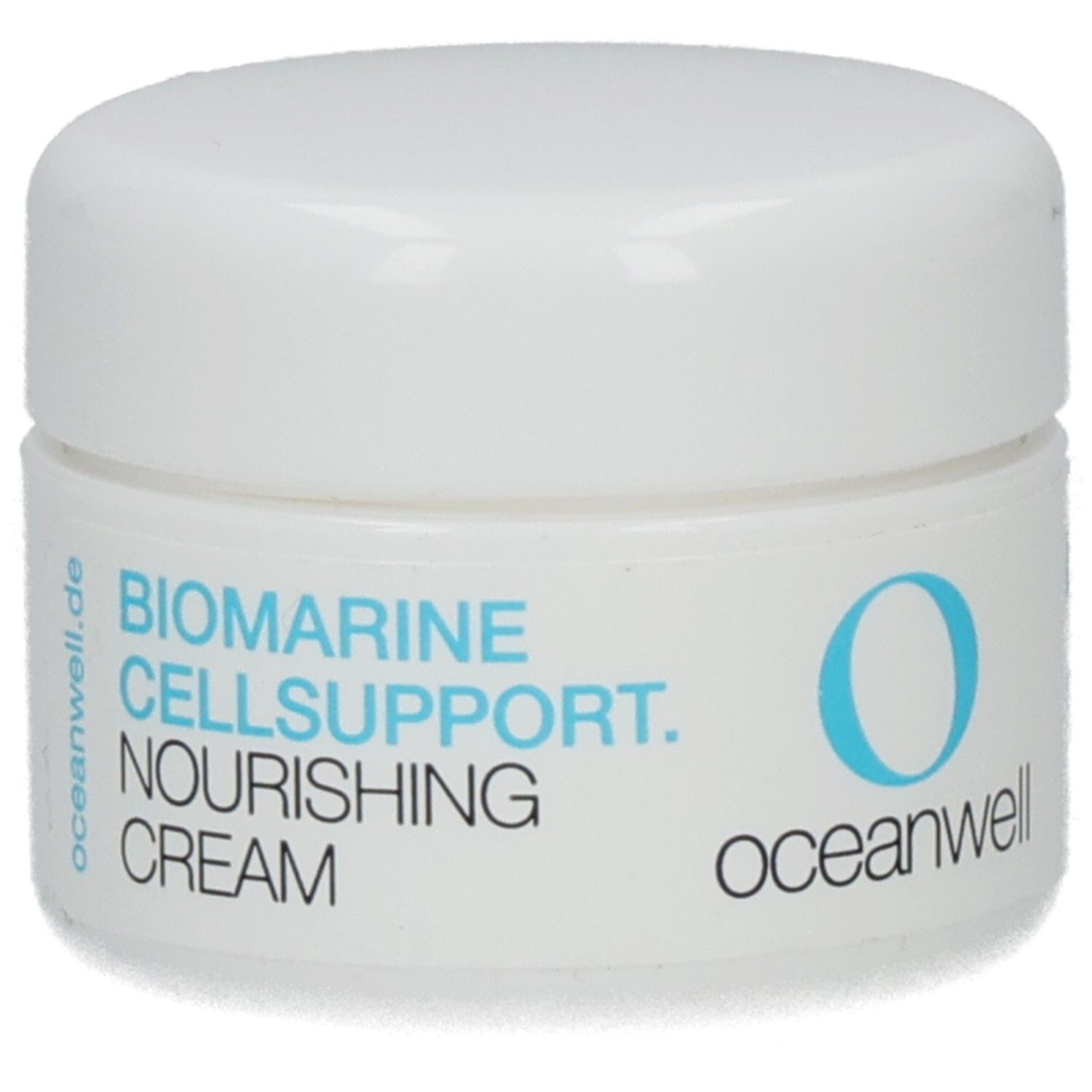 Weißer Tiegel mit blauem Schriftzug: BIOMARINE CELLSUPPORT. NOURISHING CREAM. Ozeanwell-Logo.
