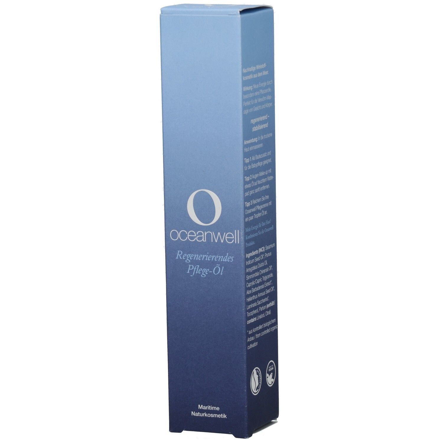OCEANWELL Regenerierendes Pflege-Öl. Blaue Verpackung mit weißem Logo. Maritime Naturkosmetik. Text auf Deutsch.