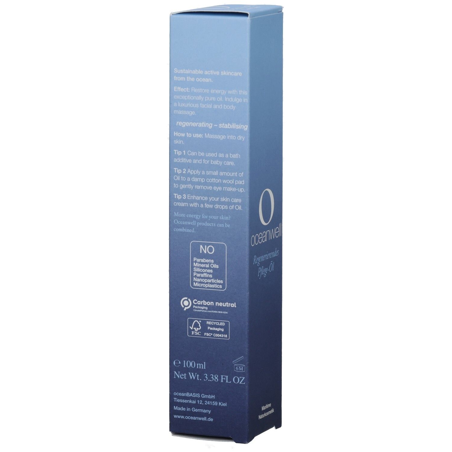 Rückseite der OCEANWELL Pflege-Öl Verpackung. Text über Anwendung, Inhaltsstoffe und Zertifizierungen. Blaue Farbverlauf.