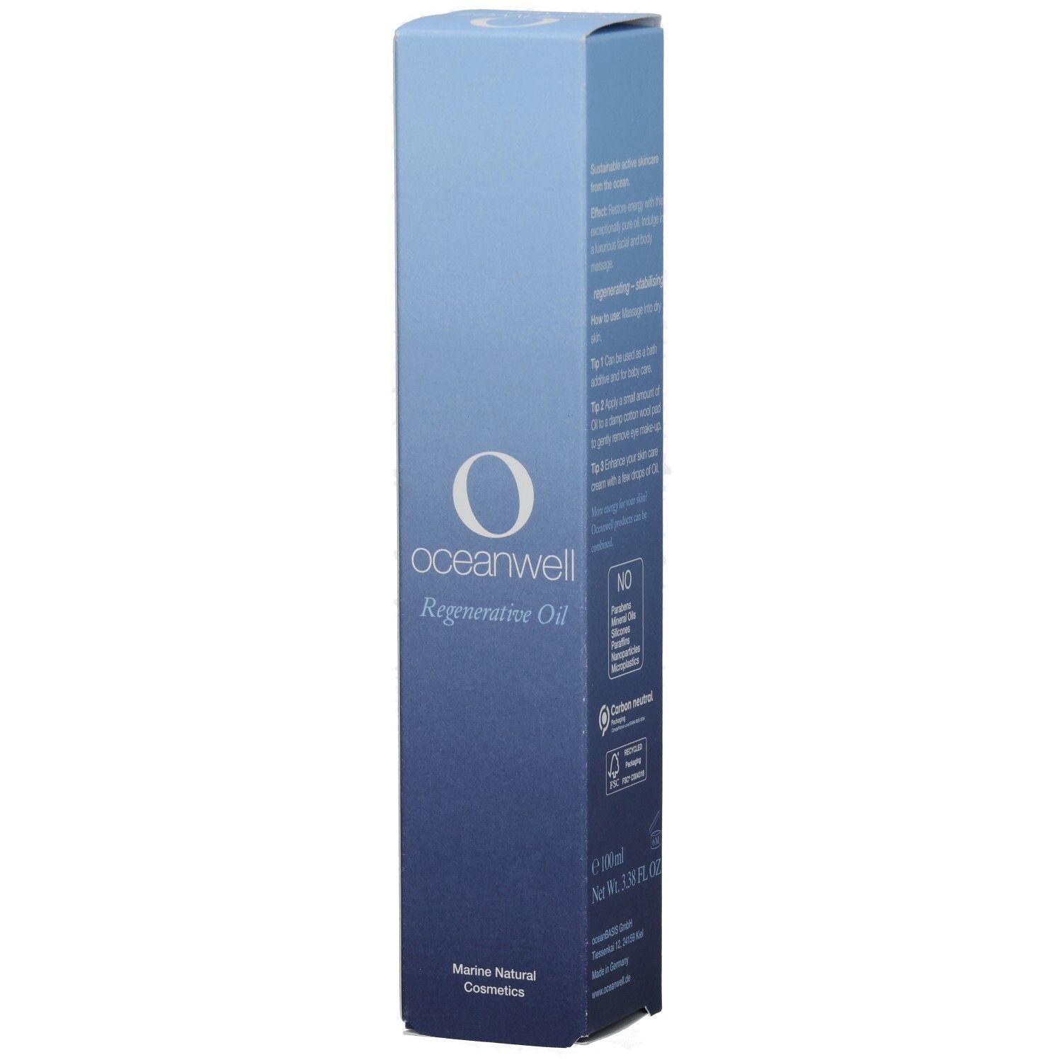 OCEANWELL Regenerative Oil. Blaue Verpackung mit weißem Logo. Maritime Natural Cosmetics. Text auf Englisch.