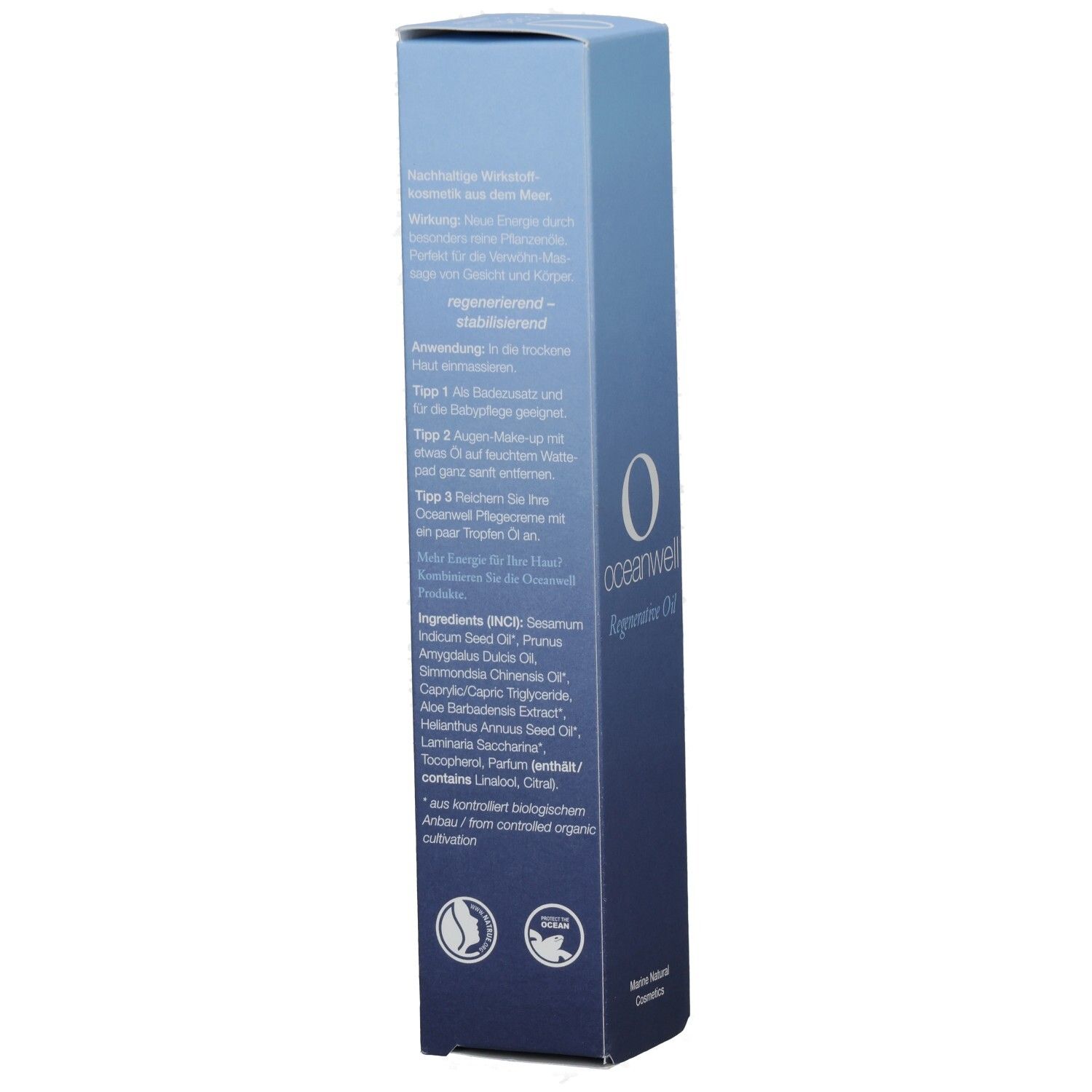 Rückseite der OCEANWELL Pflege-Öl Verpackung. Text über Anwendung, Inhaltsstoffe und Zertifizierungen. Blaue Farbverlauf.